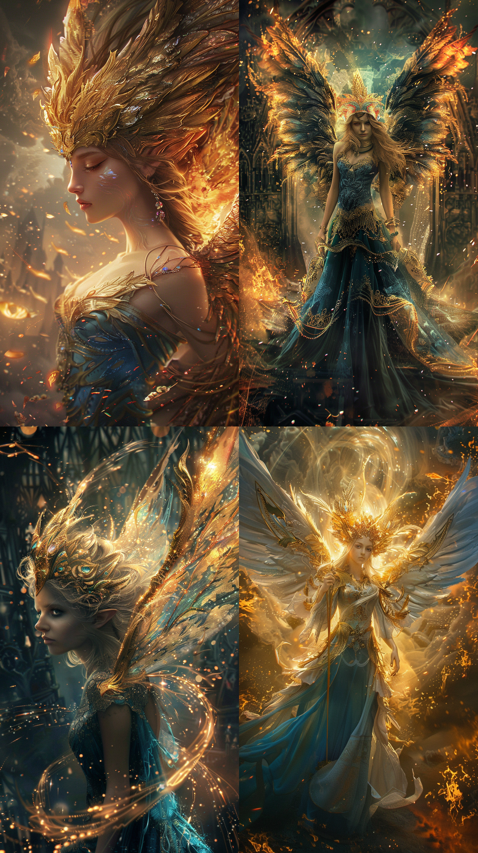 洛丽塔，金色头饰，身穿蓝色长裙，翅膀展开，站在古堡顶端，背景是火焰与光芒交织的神秘空间，镜头特写，暖色调，高光，飘逸动作，仙女般，神秘。高清高像素，高细节。