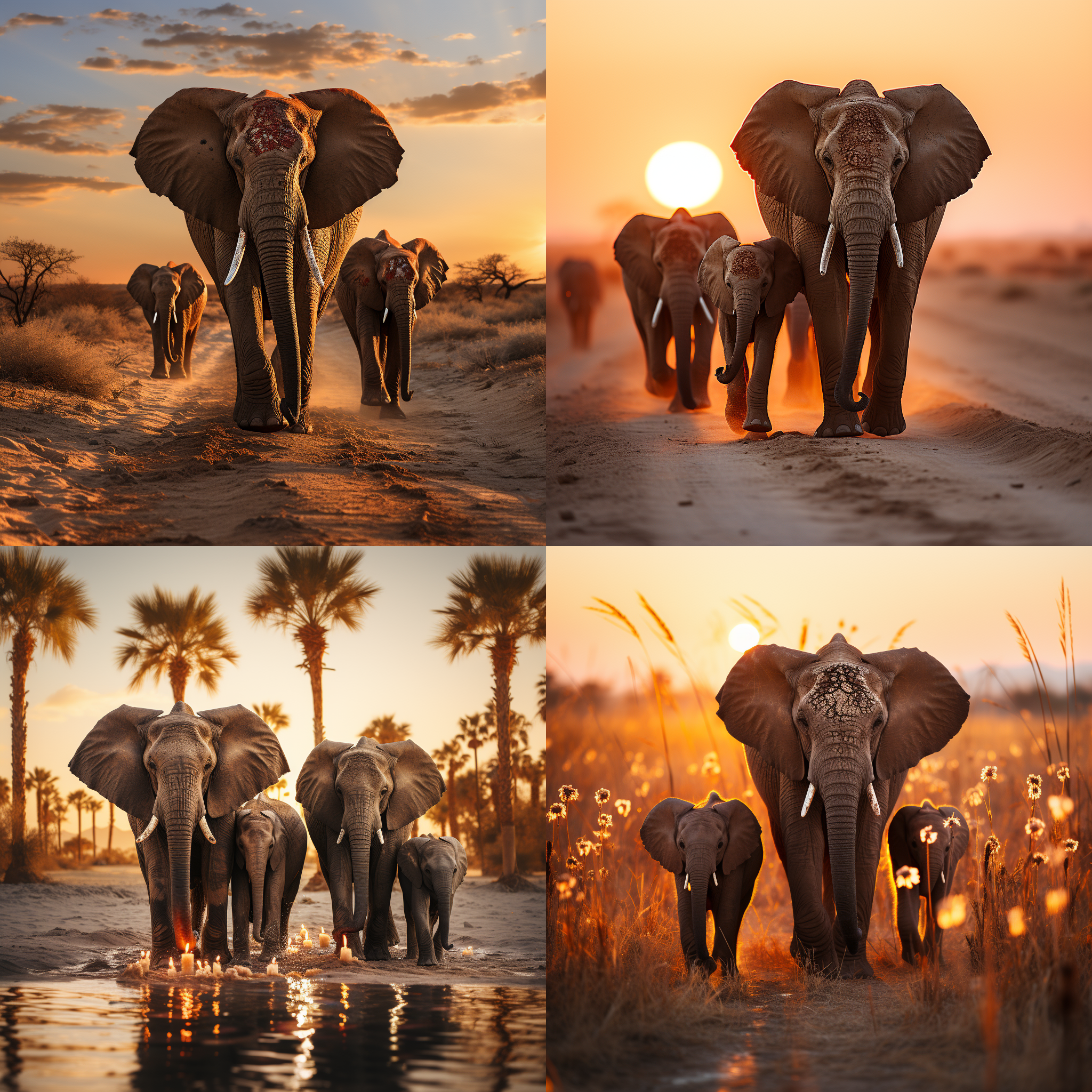 大象家庭，沙漠日落，家庭成员围绕着幼象，暖色调，长焦镜头，对称构图，侧光，亲密互动，温馨和谐。
