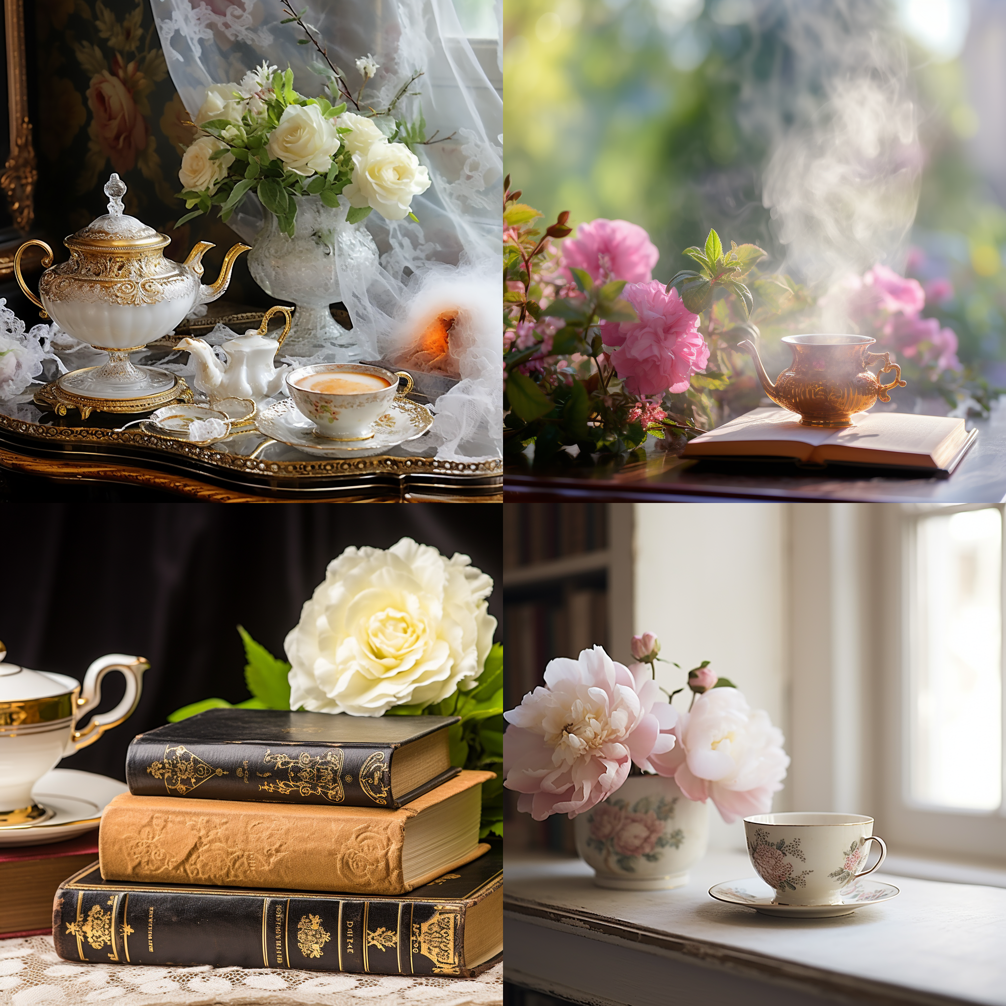 盒子上放着一束鲜花，周围散落着几本书和一只古董相机。桌面上还有一个精致的茶杯和一根香烟，烟雾袅袅。整个场景以简洁的白色为主调，透露出一种温暖而优雅的氛围。宽幅画面，浅景深，柔和光线，静态。