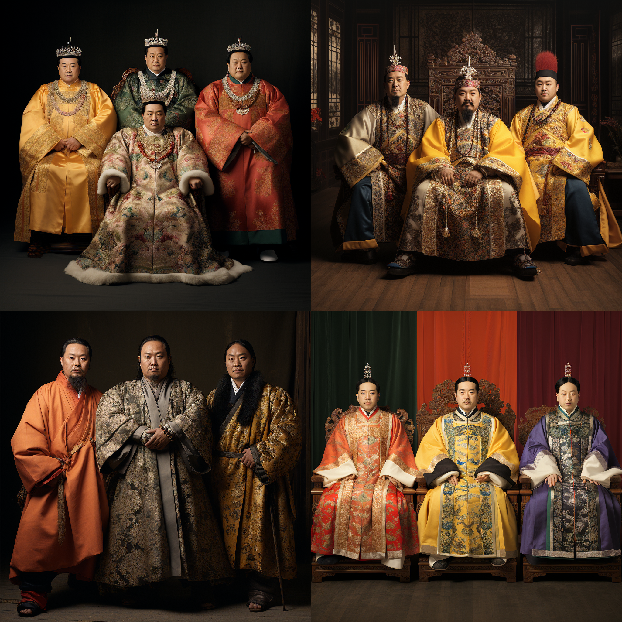 明朝四大太监郑和，王振，刘瑾，魏忠贤，气势威严，明代宦官服饰，古典风格，正脸对称构图，高清晰度，宫殿内部，暖色调，长焦镜头，侧面光，庄重仪态，金色装饰，表情凝重。