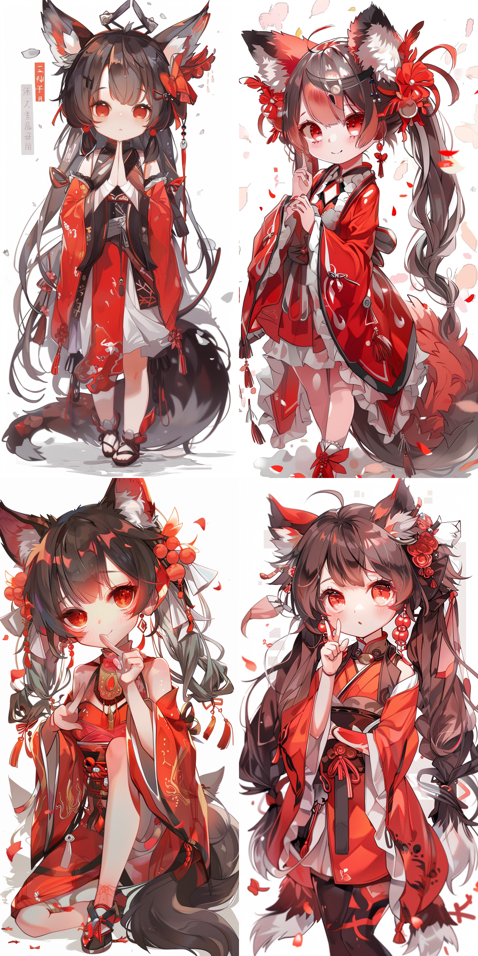 five years old，fox demon girl character illustration, fox demon, bent over, middle finger, cute girl, super invincible cute, exquisite earrings, exquisite headgear, wearing hanfu, red, meticulous painting, traditional chinese style, minimalism, classicism, smooth and smooth lines, simple white background, shiny, shiny, shiny and shiny, uhd, best image quality, best quality