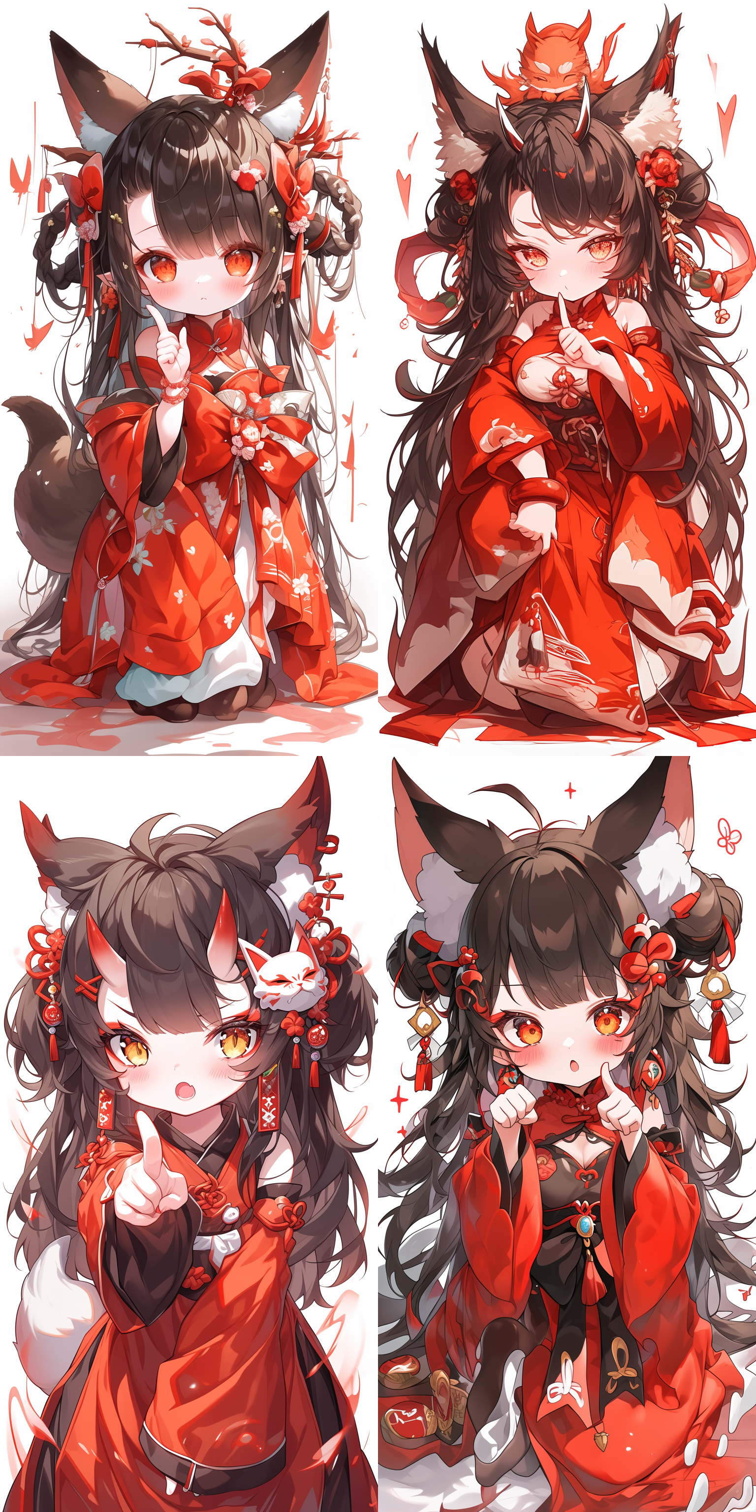 five years old，fox demon girl character illustration, fox demon, bent over, middle finger, cute girl, super invincible cute, exquisite earrings, exquisite headgear, wearing hanfu, red, meticulous painting, traditional chinese style, minimalism, classicism, smooth and smooth lines, simple white background, shiny, shiny, shiny and shiny, uhd, best image quality, best quality