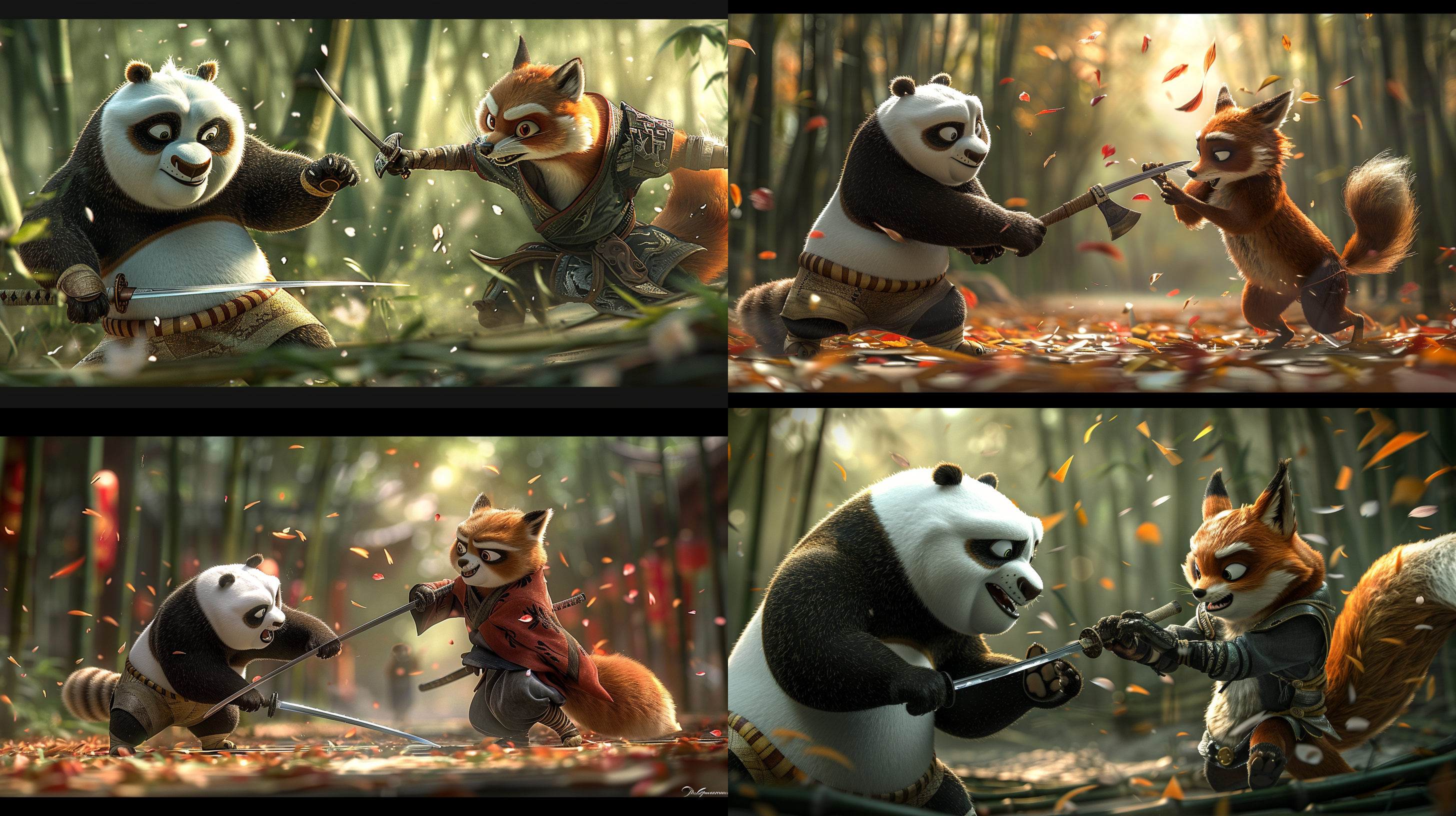 set in the heart of the bamboo forest, a hero panda showcasing impeccable swordsmanship, a cunning fox wielding a lethal axe, engaged in a fierce duel amidst fluttering cherry blossoms, the air filled with tension and the scent of fresh greenery, a serene yet intense battleground revealing nature’s profound beauty and deadly grace, depicted in a striking combination of realism and fantasy, bringing to life a legendary battle scene in a visually mesmerizing way.