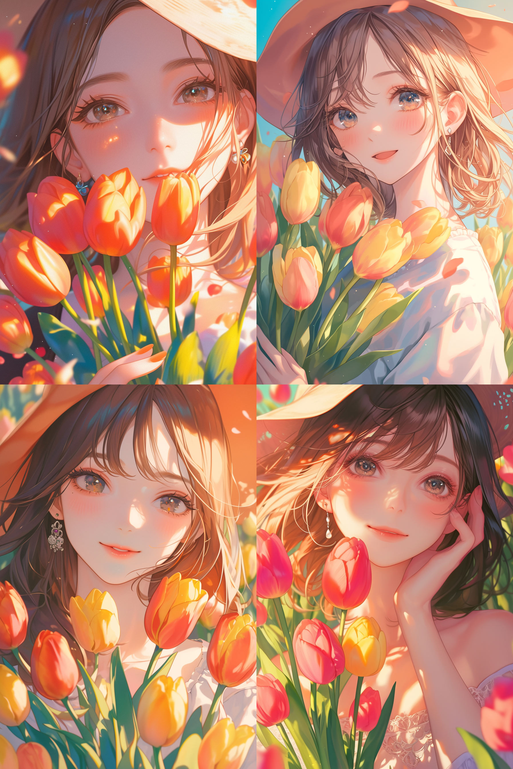 满眼温暖的女孩，身边有美丽的郁金香，细节丰富，头饰，表情动态，半身像，中画幅相机