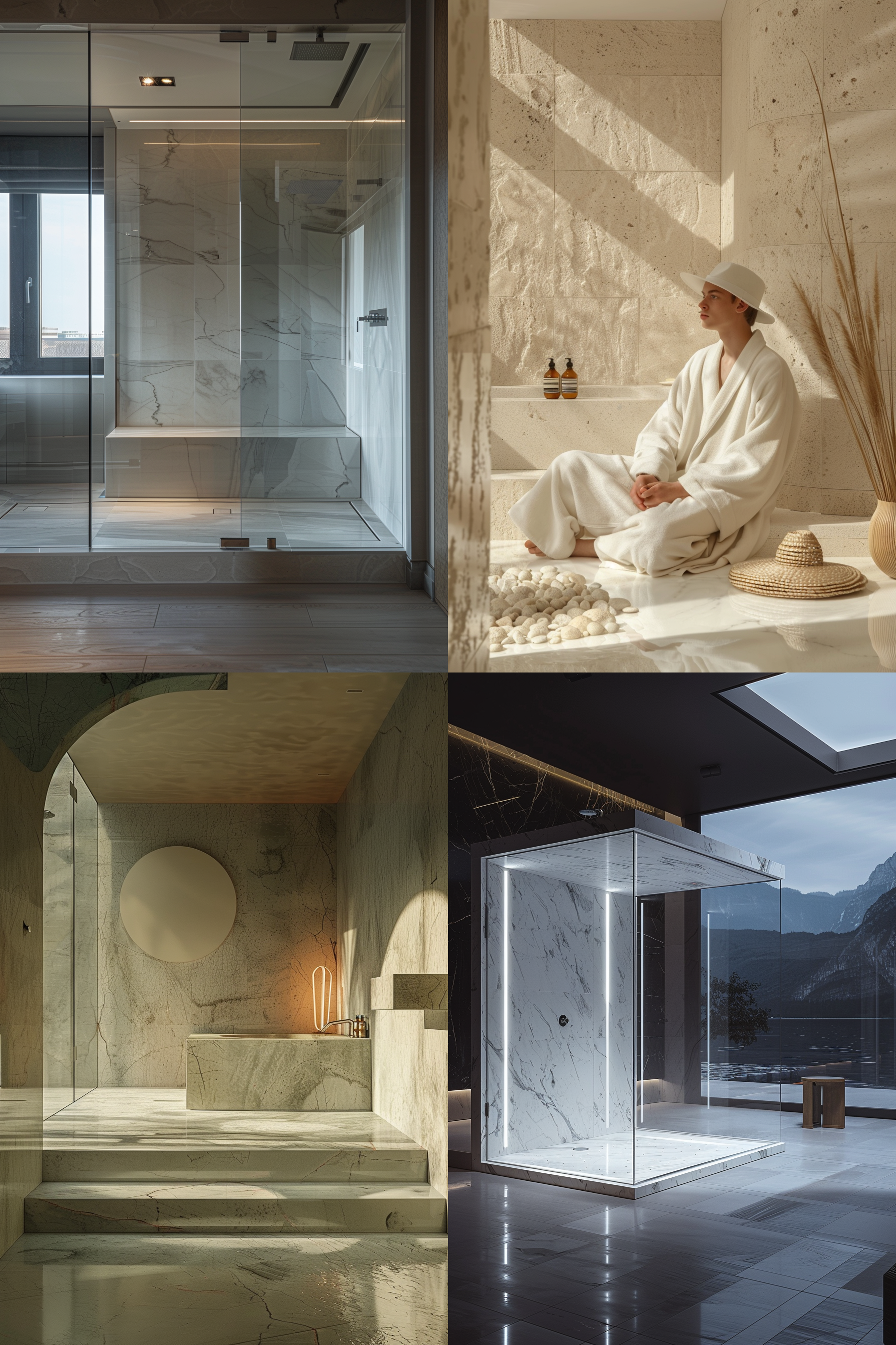 一张愚人节海报，展现一个很大的浴室房，大理石墙面，大淋浴花洒，一名小丑演员在花洒下面沐浴，整体显得空旷神高级极致简约，广角镜头，空旷感，色彩高级的元素与周围景观相得益彰，营造出宁静和平静的氛围， 极简主义 摄影纪实 oc渲染器 未来主义 干净背景 卧室 极限特写 虚化 超广角 金属漆 氛围感照明 电影灯光 镜头光晕 斑驳光线 丁达尔效应 暖光 蒂默曼斯 北欧室内 华丽室内 平面摄影 约翰逊