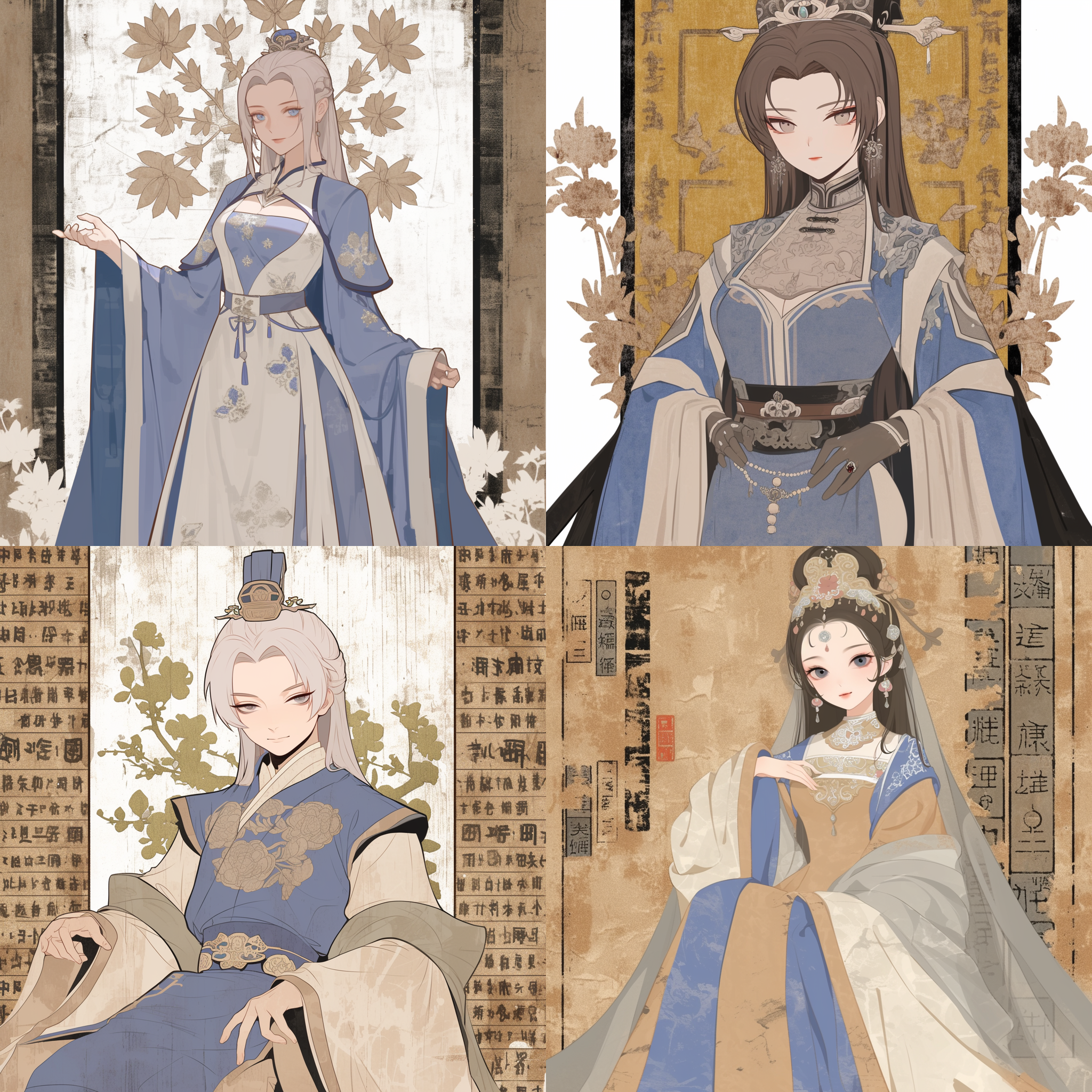 寇白门，蓝白色衣服，媚眼如丝，衣服上全是兰花图案 古堡内，优雅姿态，细节突出，暖色调，长焦镜头，侧面光，静态，高贵气质，兰花色调，神秘。