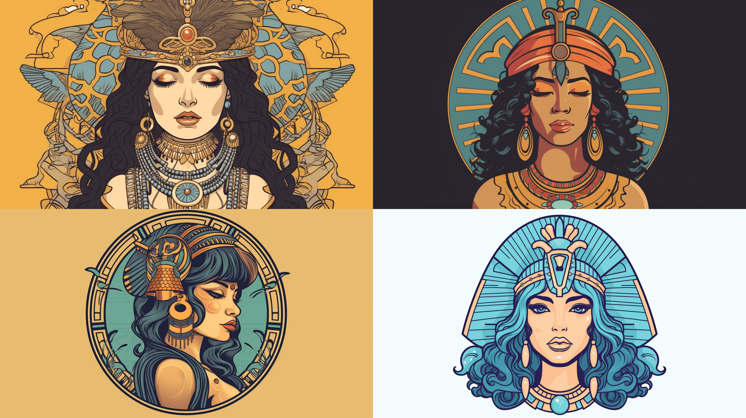 埃及艳后胸像，埃及元素，细节华丽，平面矢量勾线图，新艺术风格，扁平图