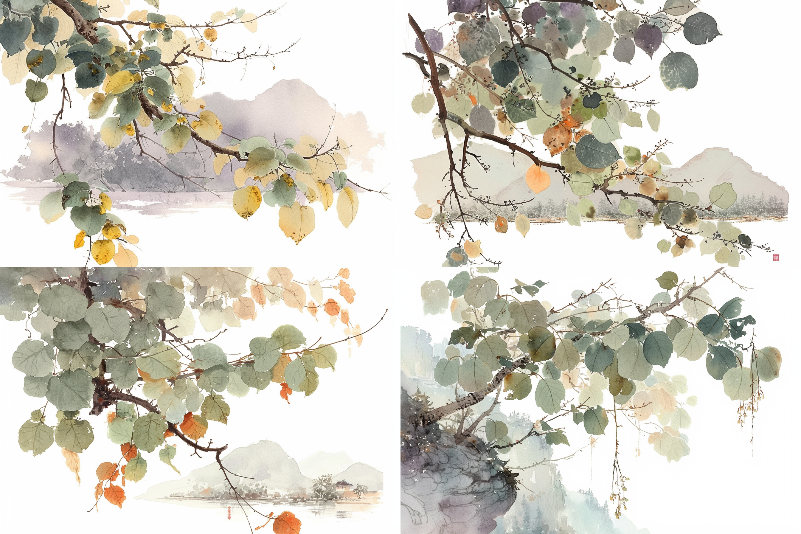 一幅中国水彩画，展现了树木在优美山水背景中的绚丽色彩。画面采用柔和的调色板，描绘了树木的独特形态和树叶的细腻质感。透过透明的水彩色块，呈现出树木在微风中轻盈摇曳的姿态。整体氛围温暖宁静，给人一种宁神的感觉。水墨纹理和湿润效果增添了画面的层次感和自然感。水彩树木，防脱洗发水常用成分，优美山水背景，绚丽色彩，柔和调色板，独特形态，细腻质感，微风轻盈摇曳，温暖宁静，宁神，水墨纹理，湿润效果。