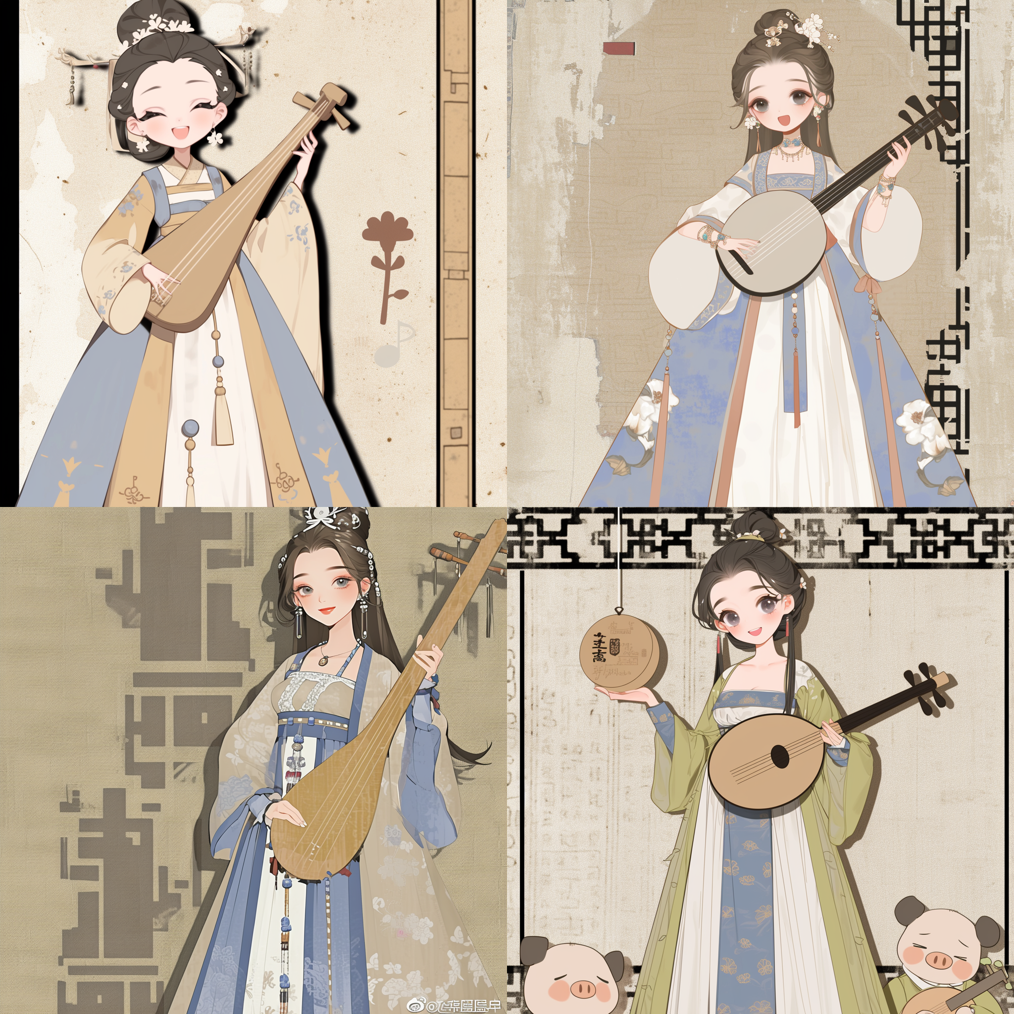 秦淮歌女，蓝白色汉服，媚眼如丝，衣服上兰花图案，拿着萧，奏乐，古风摄影，柔和光线，细腻肌肤，优雅动作，传统文化，艺术氛围，复古色调，温柔情感。