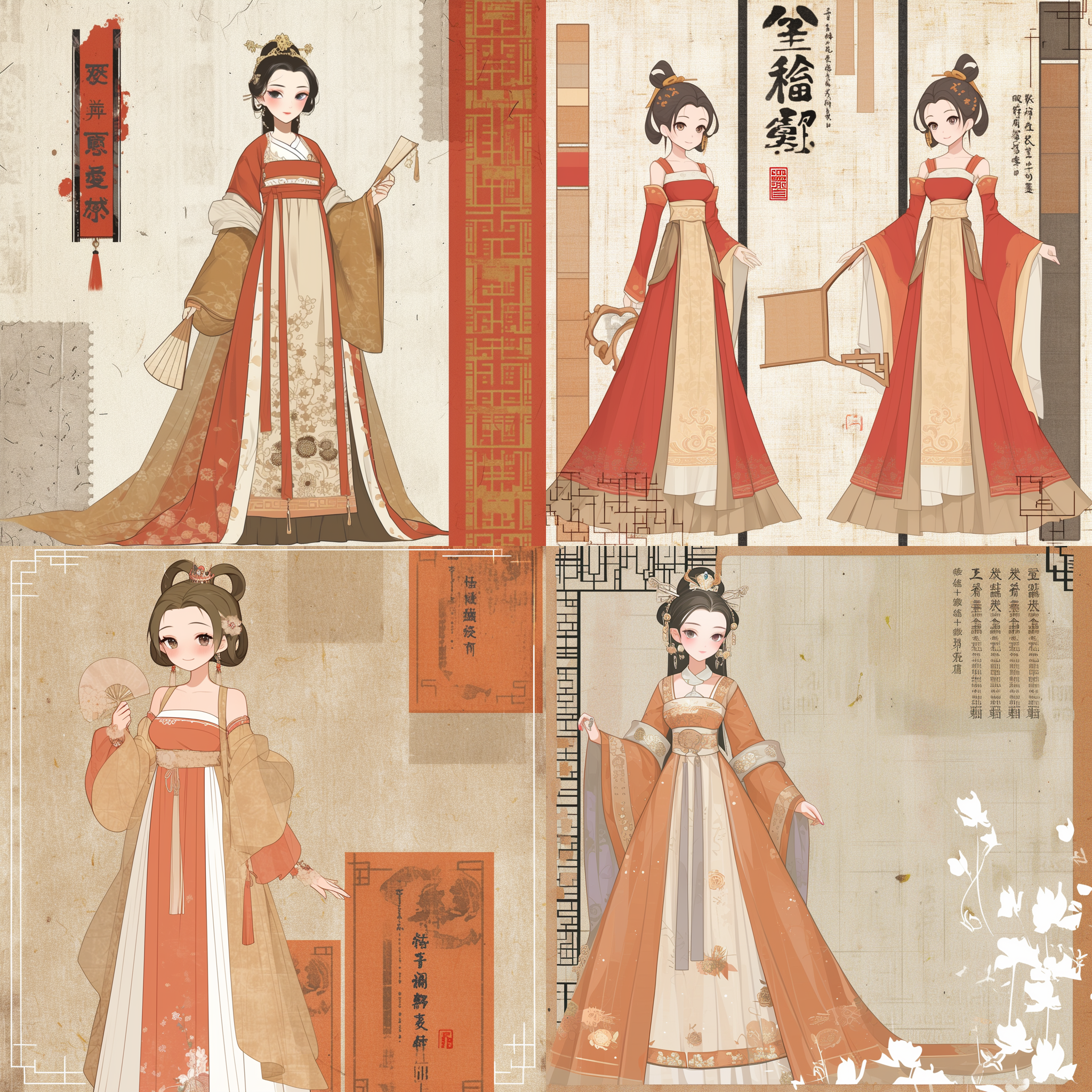 董小宛，苏绣，靓装鲜衣，流萤纨扇，红色衣服，清明朝，秦淮歌女 明亮色调，优雅布局，传统风格，细腻绣花，柔和光线，唯美情感，细致表情，华丽服饰，古典元素，舞动纨扇，端庄婉约。