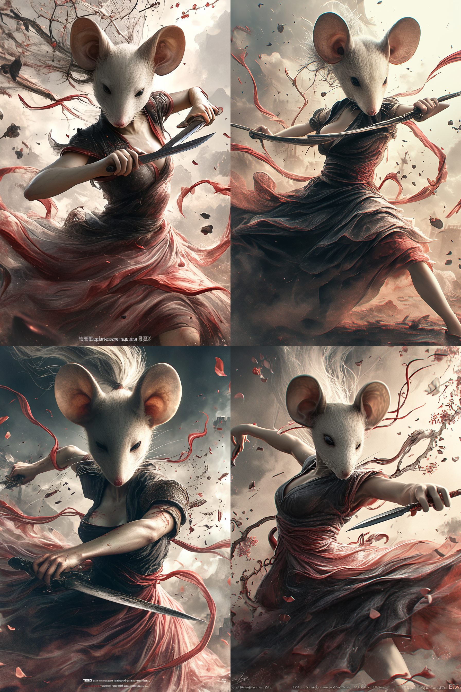 动态动作镜头，水墨艺术水墨画，中国古代的一位仙女，带着花枝鼠头套、清晰的毛发，穿着红黑相间色铠甲、配上透明浴衣、浴衣深v领、凸显身材，没有武器，小臂有护臂铠甲，她身材丰韵饱满、长腿、魅力四射、冷艳动人，高高的马尾辫周围有红色的绳索作为缎带、周围有线条似的、头发飞扬、稍显凌乱的头发、逼真，手持两把合金匕首、清晰的刀刃精美暗纹、丰富细节、匕首尺寸约0.7英尺，花枝鼠手型，复合动物结构，单腿站立、另一条腿高难度高脚踢、武术踢腿动作，动态站姿、动作自然，背景是中式古色古香的城墙建筑，暗金色和红色幻想人物的风格强风，游戏灯光效果，清晰的面部特征，强调水墨画风，3d艺术，cg社会，幻想艺术，艺术站高清，动漫美学，清晰的匕首光泽，强烈的绘画、飞溅的效果、宏大的场景、飞溅的石头、生物发光和侧照都清晰明了，边缘光，柔光，超精细，电影般的、令人惊叹的、史诗级、杰作，图像波，眨眼你就会错过细节，令人惊叹的35毫米镜头，8k高清，戏剧性，全景 水墨插画 喷漆风格