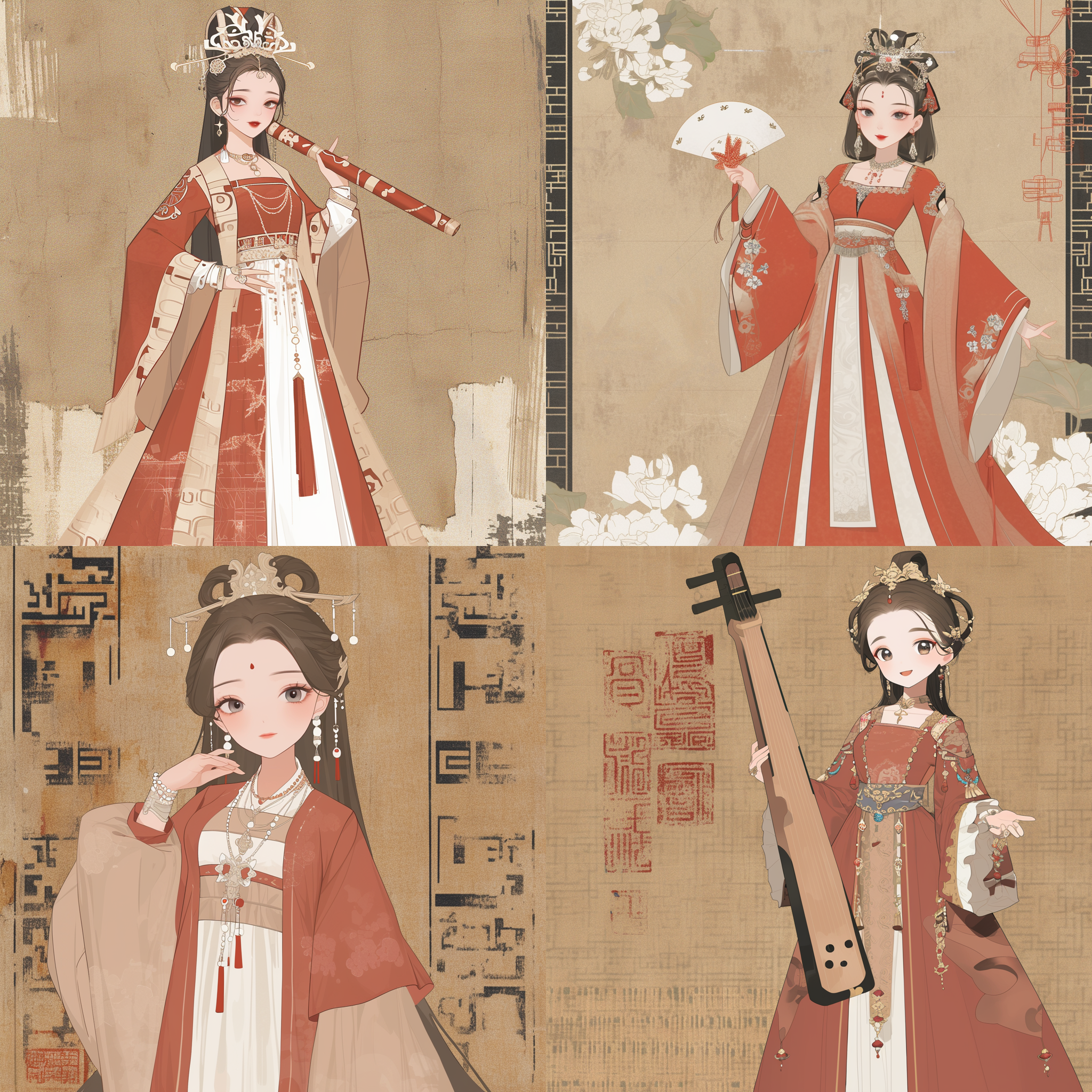 董小宛，苏绣，靓装鲜衣，流萤纨扇，红色衣服，清明朝，秦淮歌女，御姐脸，冷漠的表情。华丽的舞台上，董小宛身着红色华服，手持流萤纨扇，面容冷漠，展现出御姐风范。舞台背景为清明朝时的秦淮河畔，充满了浓厚的古风气息。整个画面采用高饱和度的暖色调，呈现出华丽与神秘的氛围。