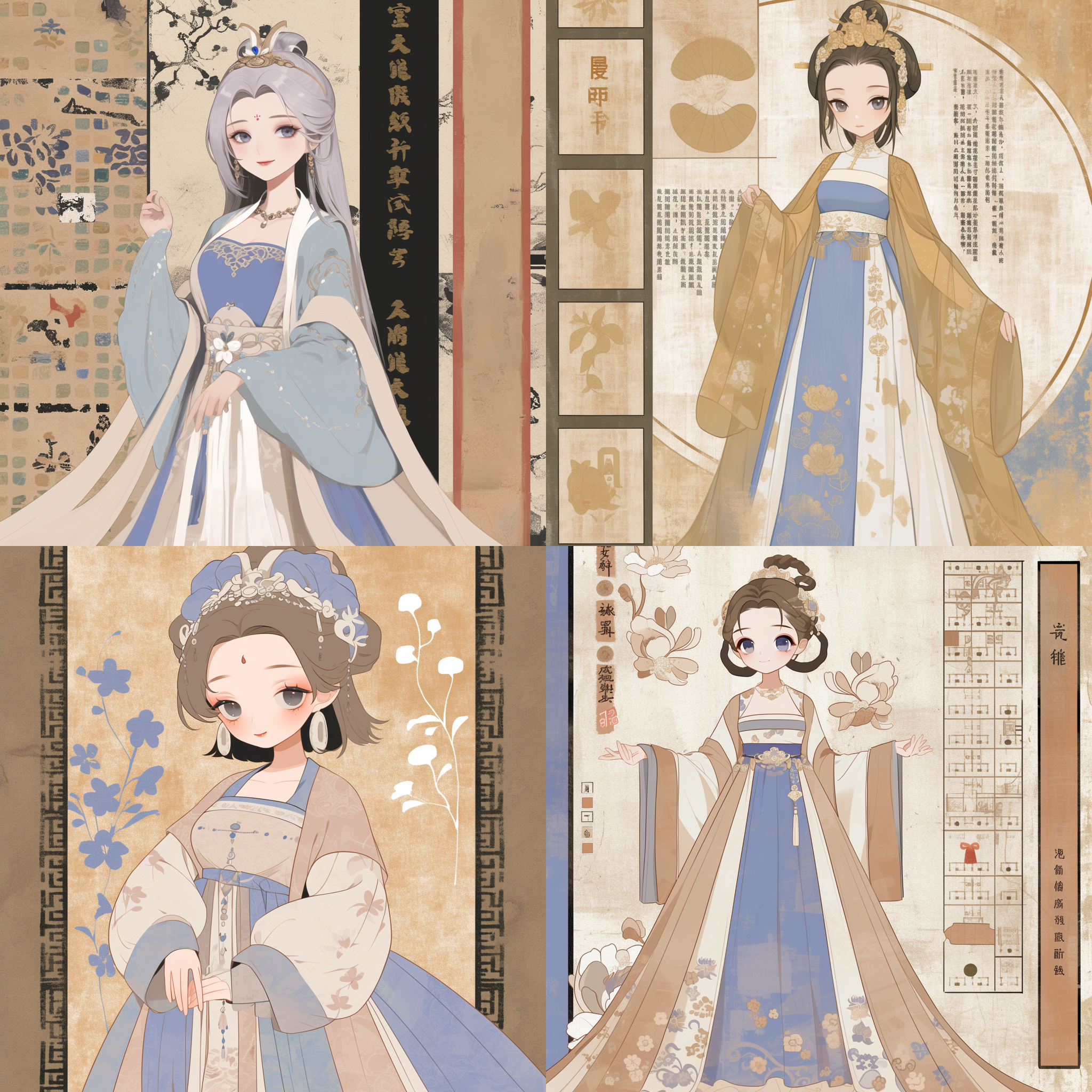 秦淮歌女，穿着寇白门汉服，蓝白色衣服，兰花图案，媚眼如丝，背景秦淮河夜景，柔和照明，细腻情感，传统风格，中视角，色彩丰富，优雅舞姿。