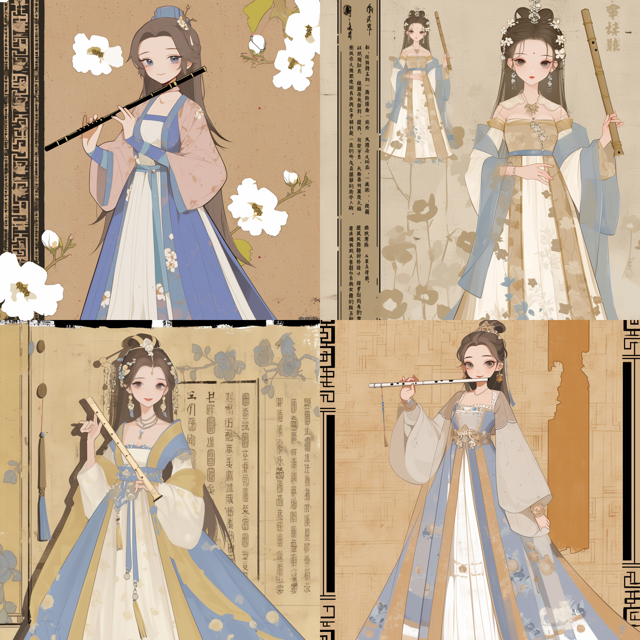 秦淮歌女，蓝白色汉服，兰花图案，媚眼如丝，手持长笛，冷色调，宫廷风格，细节丰富，传统服饰，柔和光线，优雅动作，古典美。