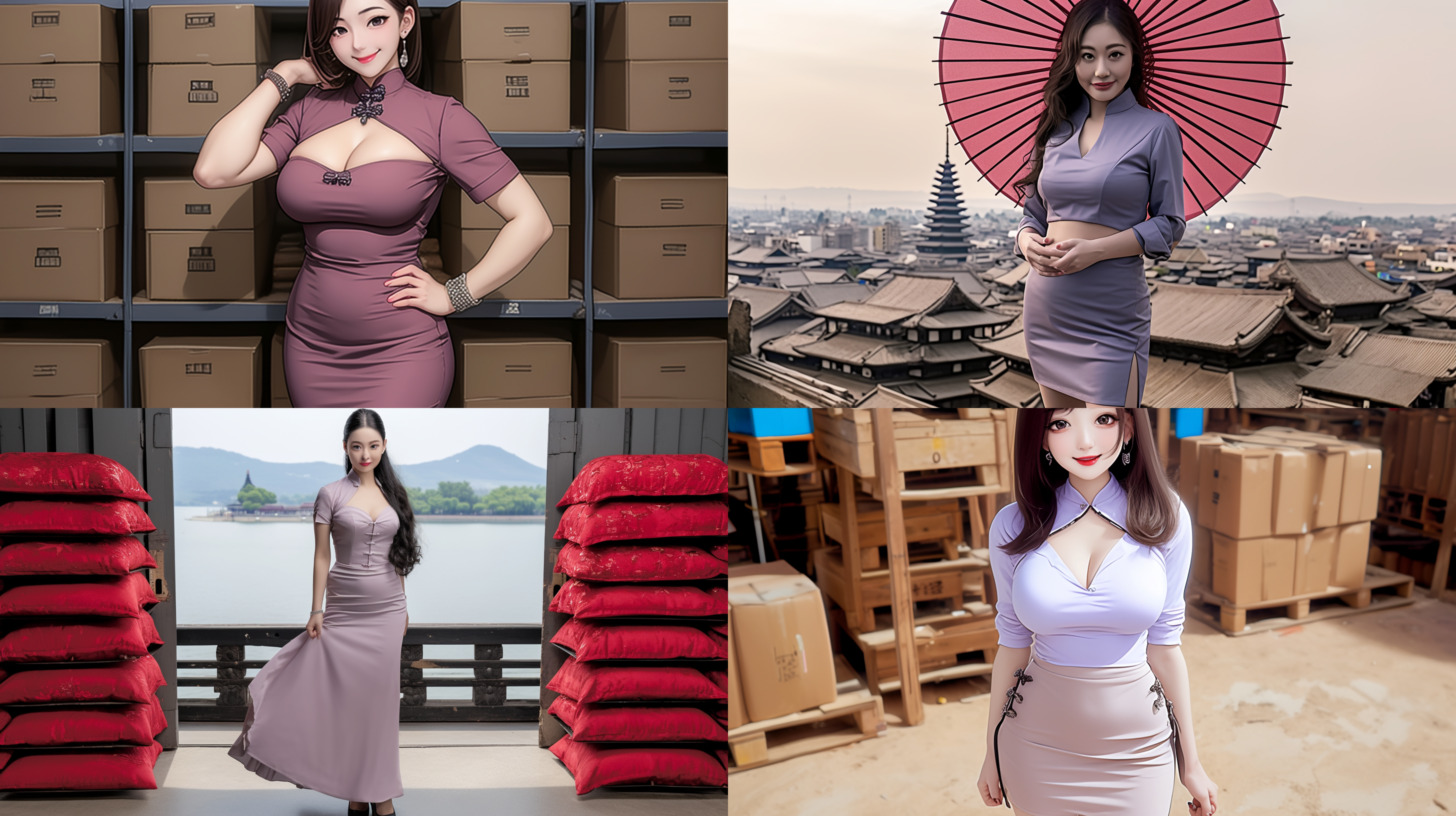 东方丰满身材的美女，亚洲面孔，穿着华丽的红色旗袍，站在一座古老的寺庙前。她微笑着，眼神中透露出自信和优雅。背景是青山绿水，蓝天白云。镜头使用人像模式，焦距适中，光线柔和。旗袍上的细节和配饰艳丽夺目，与她的妆容相得益彰。大气，高雅，自信，红色，亚洲风情。