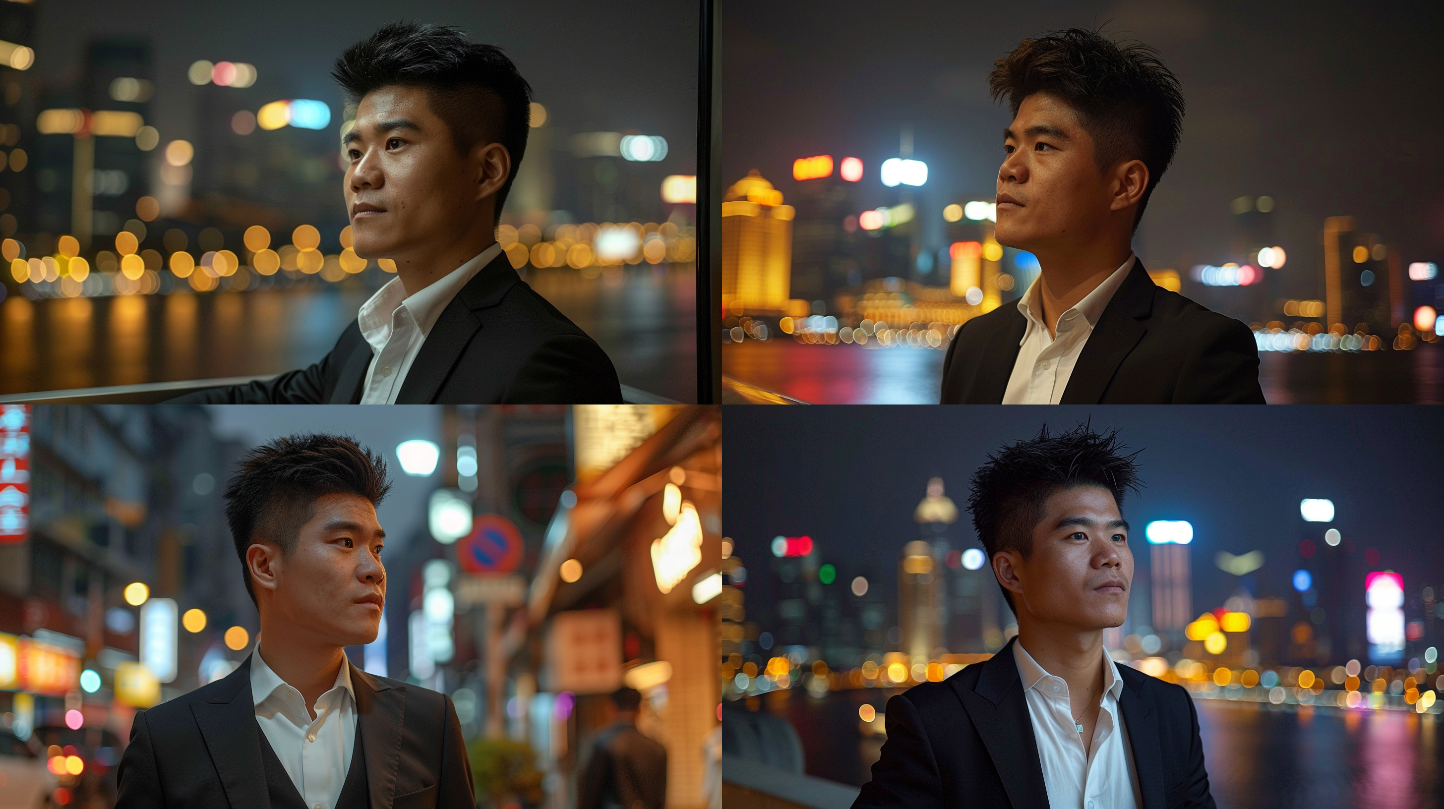 董宇辉穿黑西装白衬衫，侧脸，霓虹都市夜景背景，高角度俯视，城市光影，反射，现代风格，侧光，明亮色调，表情严肃。高清晰度，广角镜头，抓拍，自信。