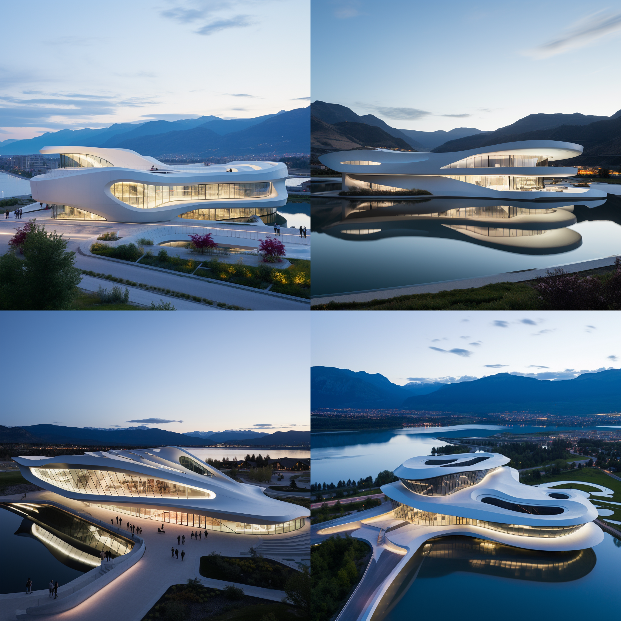 扎哈·哈迪德风格的多层博物馆建筑，外立面覆盖着白色铝板，远处群山环绕，附近湖泊倒映，高角度视角，玻璃元素，明暗对比强烈，宽广深邃的视野，清晰细节，黄昏时的惊艳氛围。扎哈·哈迪德风格，多层博物馆建筑，白色铝板，群山，湖泊倒映，高角度，玻璃元素，明暗对比，宽广深邃，清晰细节，黄昏氛围。
