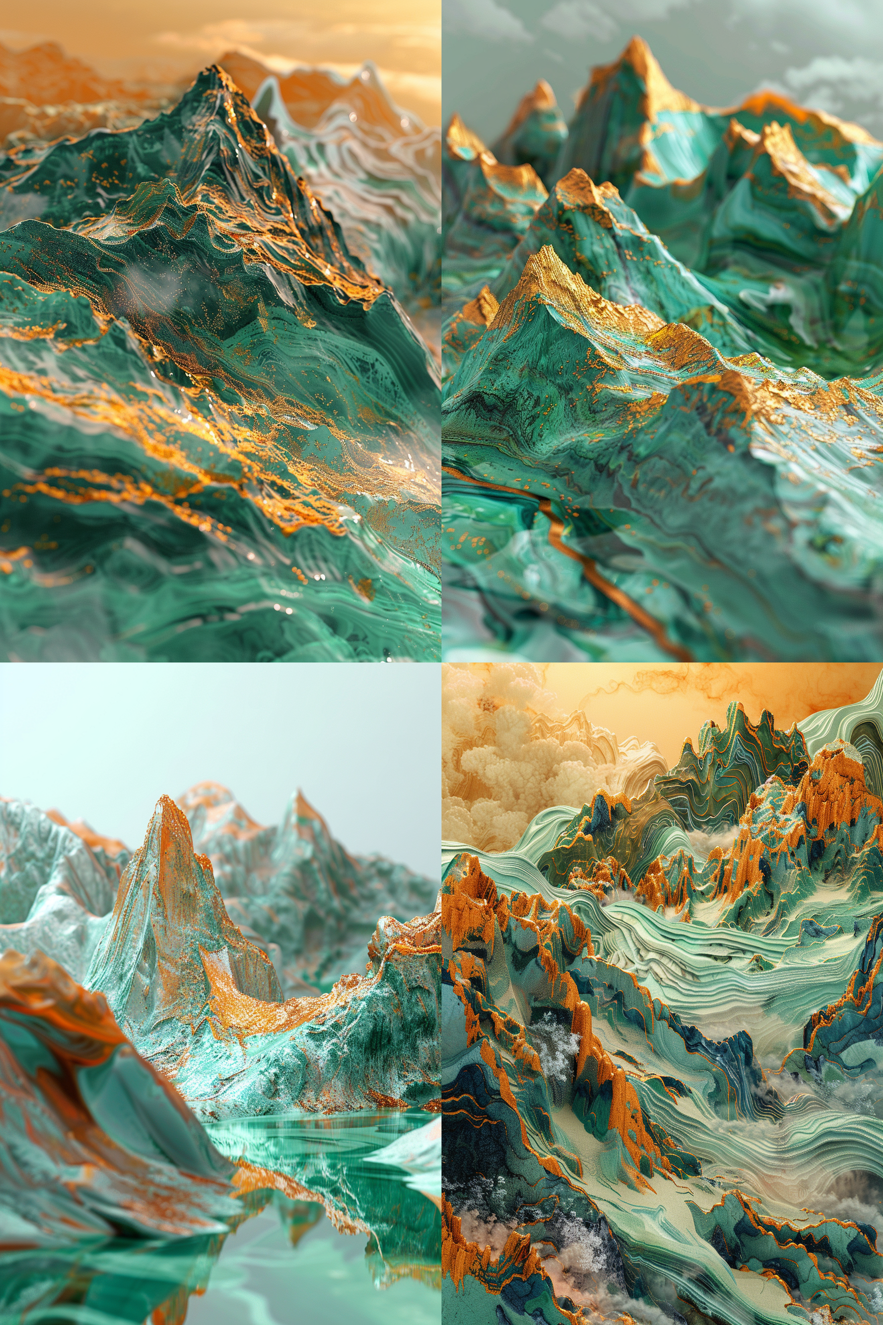 gold and green mountain 3d illustration, in the style of fluid photography, orange and cyan, gold and cyan meticulous and detailed,wang ximeng,northern song dynasty, thousand-mile rivers and mountains, chinese landscape painting, traditional, vast and majestic, enchanting beauty, symbolism, historical significance, cultural heritage