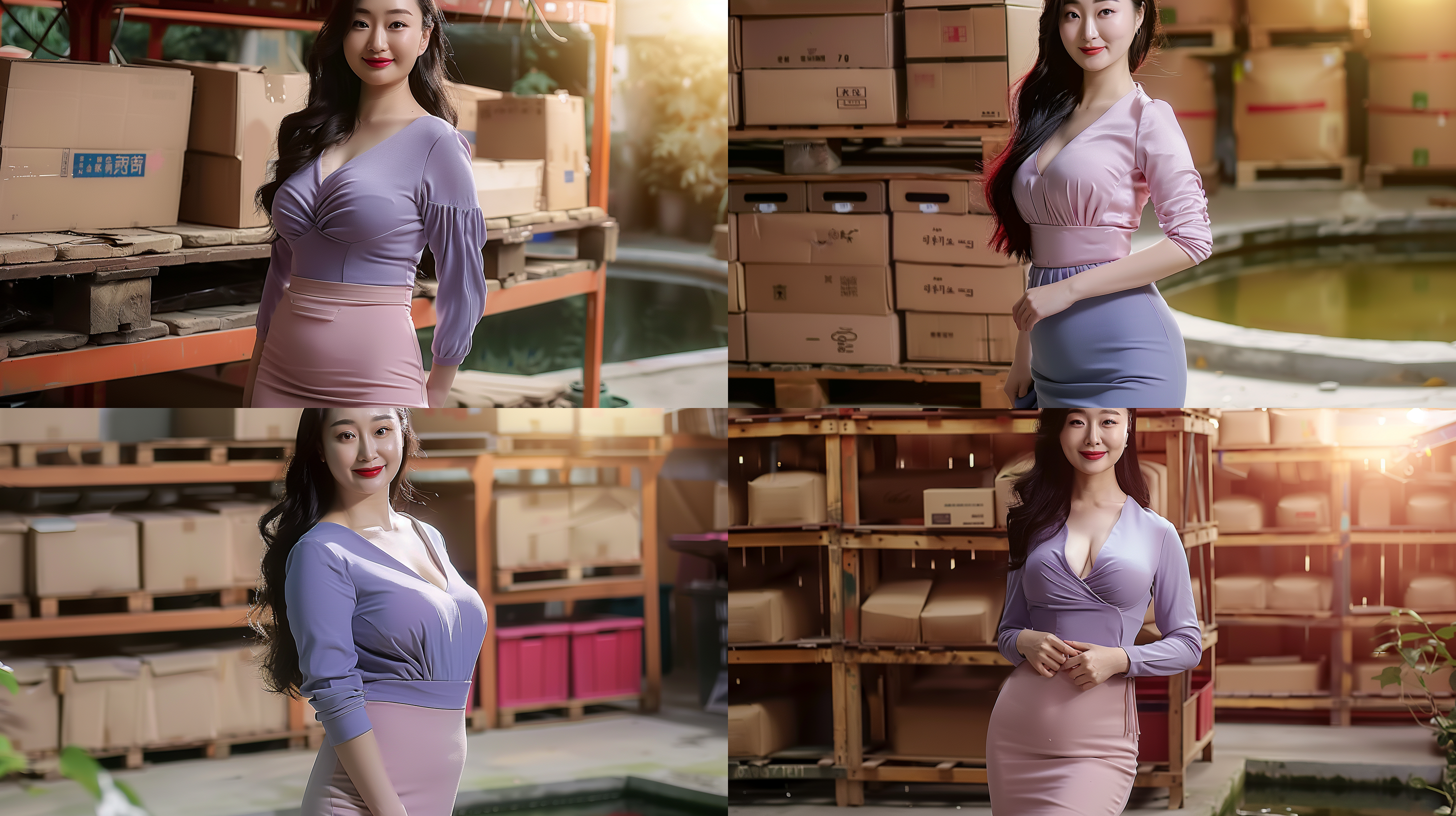 东方丰满身材的美女，亚洲面孔。她穿着华丽的红色旗袍，细腰曲线显露无遗。她站在一座古老的中国庭院中，背景是优雅的池塘和绿树成荫的花园。光线柔和而温暖，透过树叶投射出斑驳的影子。她微笑着，眼神中透露出自信和优雅。梦幻，传统，自信，亮丽，柔和，优雅，东方韵味。