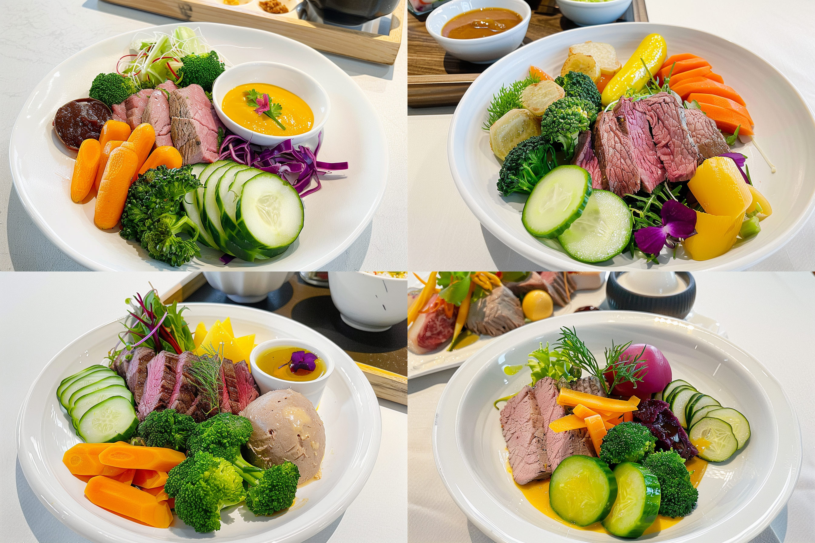 美食写真，背景干净，盘里有黄瓜，西兰花，胡萝卜，牛肉片，轻食餐，明亮的照明，饭菜色彩丰富，细节清晰可见，透视角度，广角镜头，自然光线，细致纹理，唇齿留香，诱人
