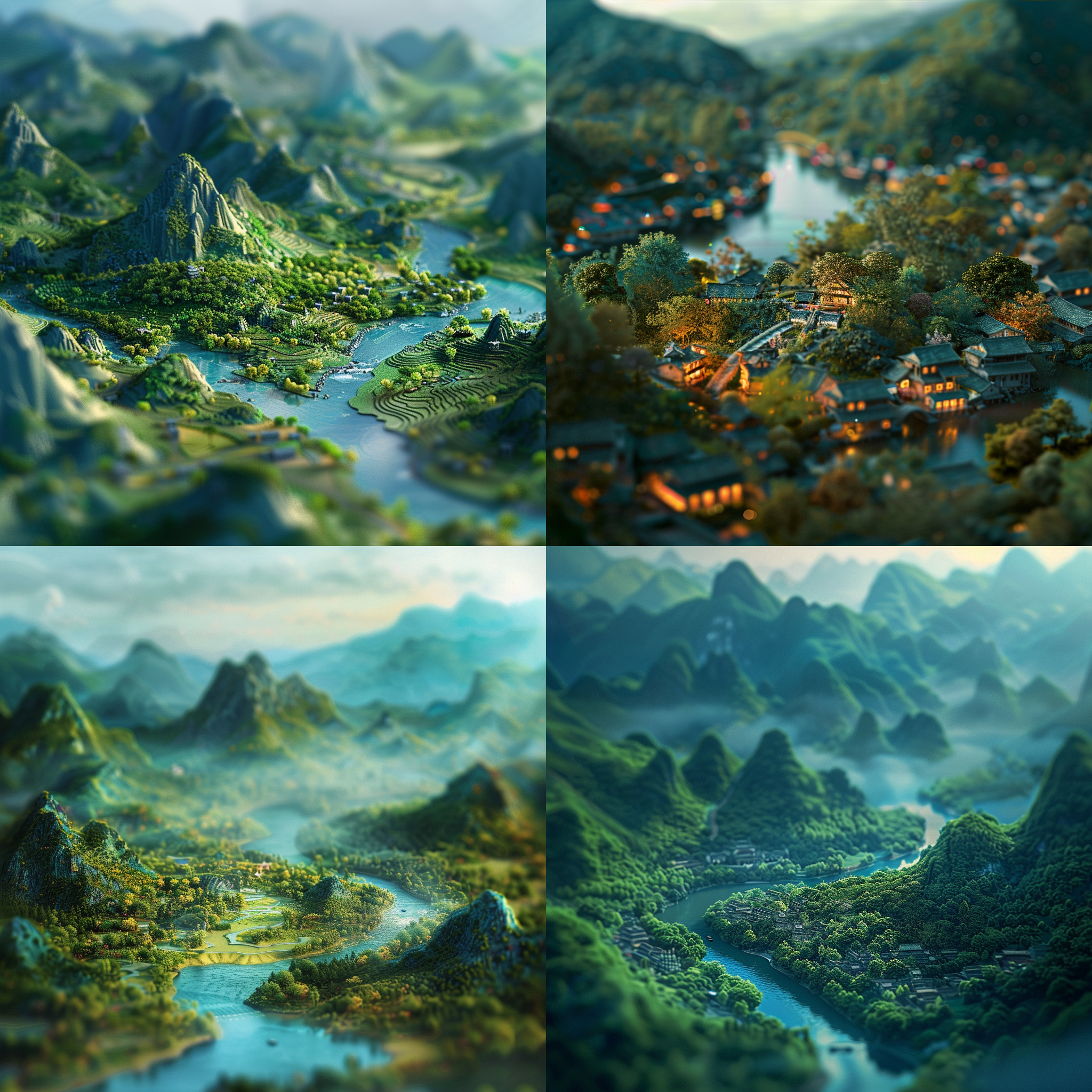 高角度拍摄，tilt-shift photography，浅景深，前景虚化，蓝绿色山脉，河流，发光，蓝绿色配金色，陈家，浪漫古风，陈家泠《和美系列》风格，王希孟立体景观风格