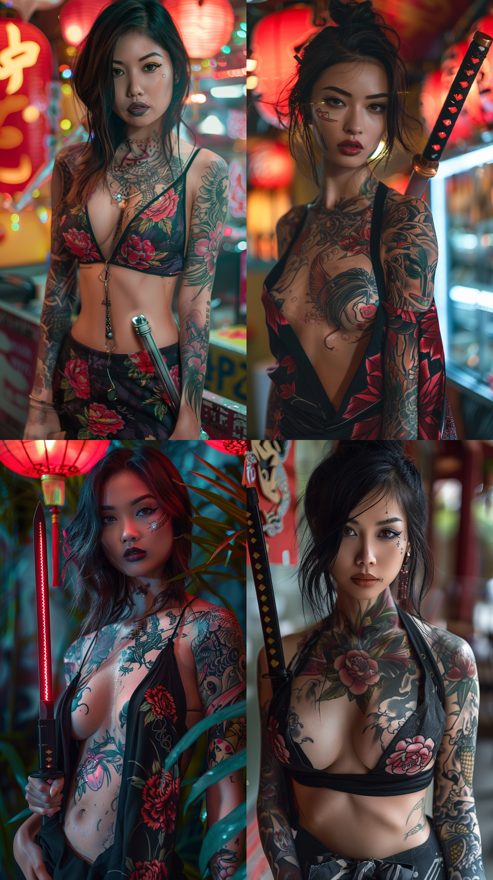 一个有武士赛博朋克激光剑和纹身的漂亮女孩，风格是我不敢相信这有多美，马克西姆，非常诱人的调情，超现实，丰满，罗斯·特兰和托德·麦克法兰的绘画