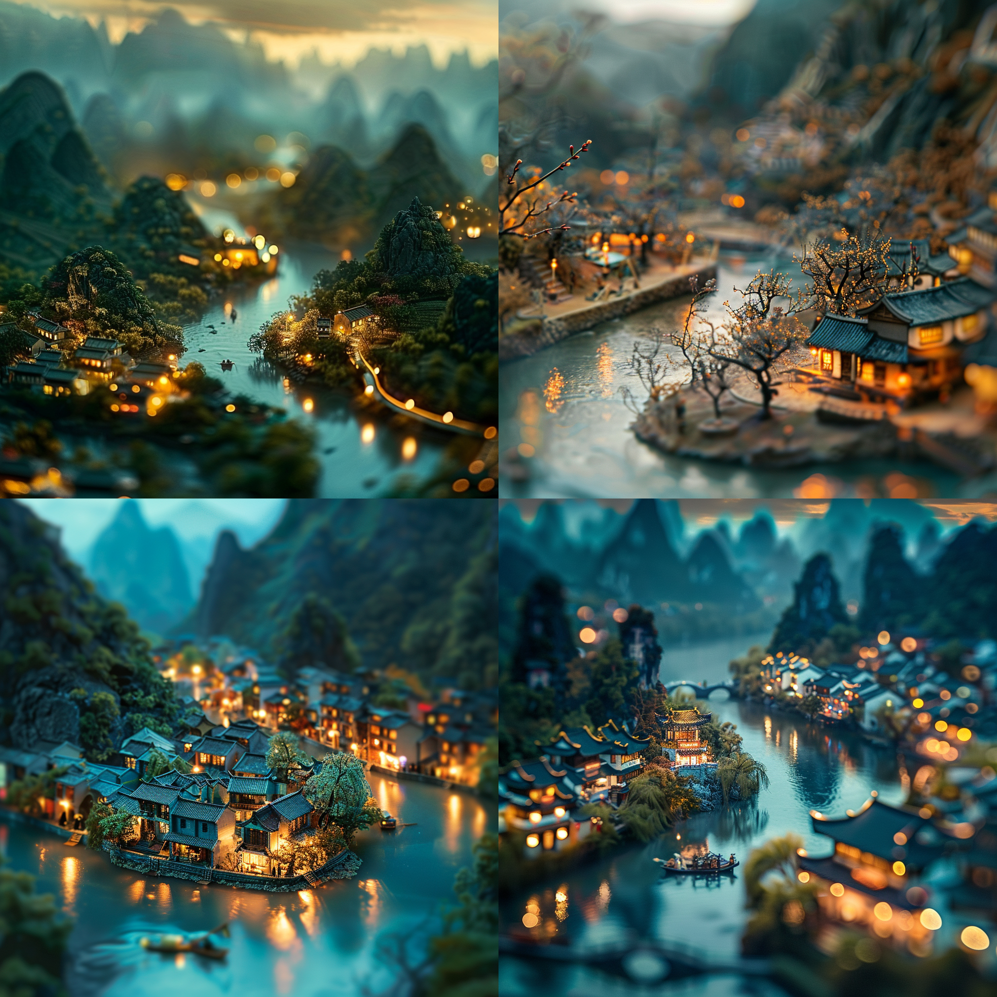 高角度拍摄，tilt-shift photography，浅景深，前景虚化，蓝绿色山脉，河流，发光，蓝绿色配金色，陈家，浪漫古风，陈家泠风格，王希孟立体景观风格