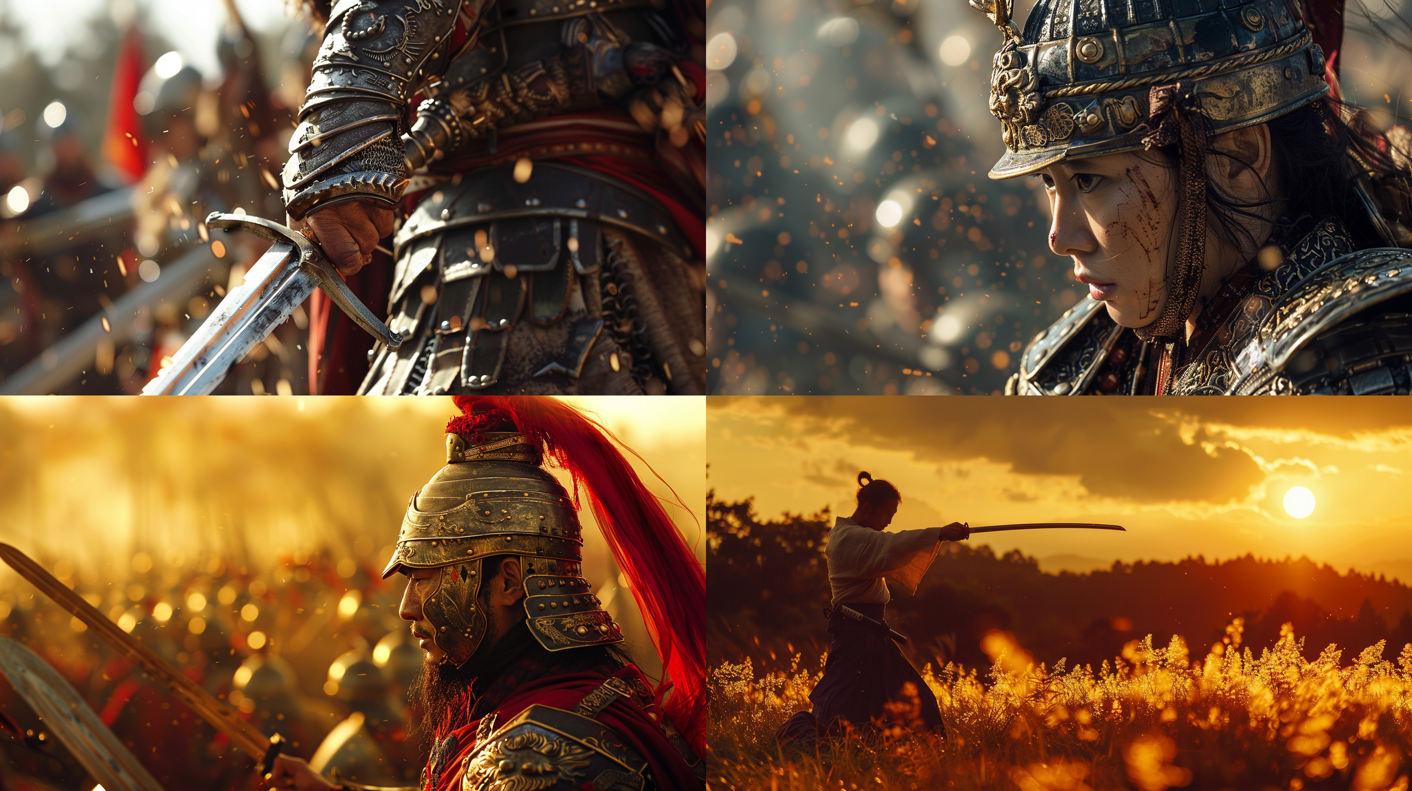 战士剑术，战场上，4k高清，中等特写，高品质，古装服饰，浓烈色彩，壮丽景色，阳光透射，动作刚毅，古典氛围，神秘感。