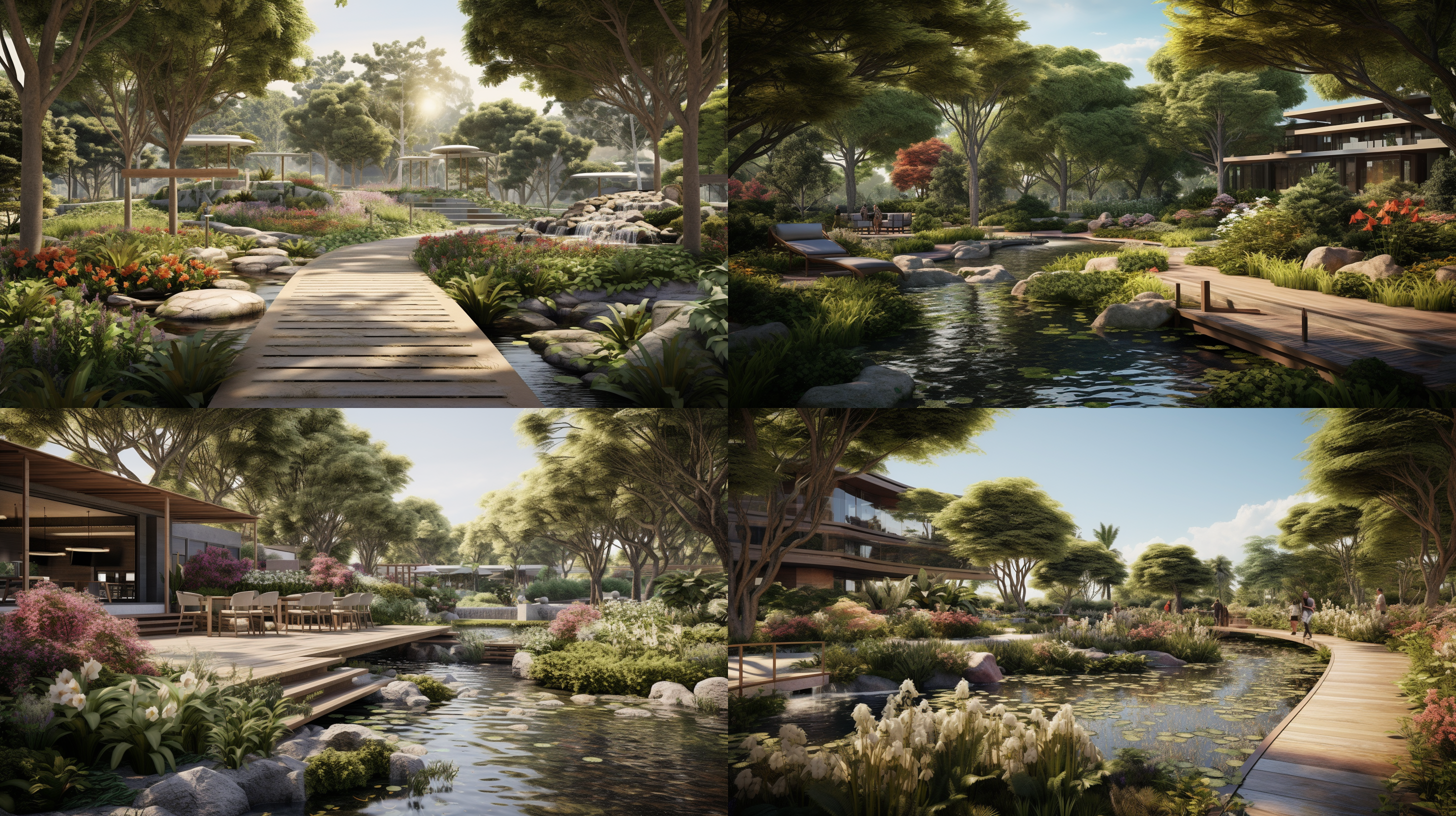 绿意盎然景观设计效果图，自然布局，清新风格，户外场景，中焦镜头，自然光，静态，和谐色彩，舒适愉悦。