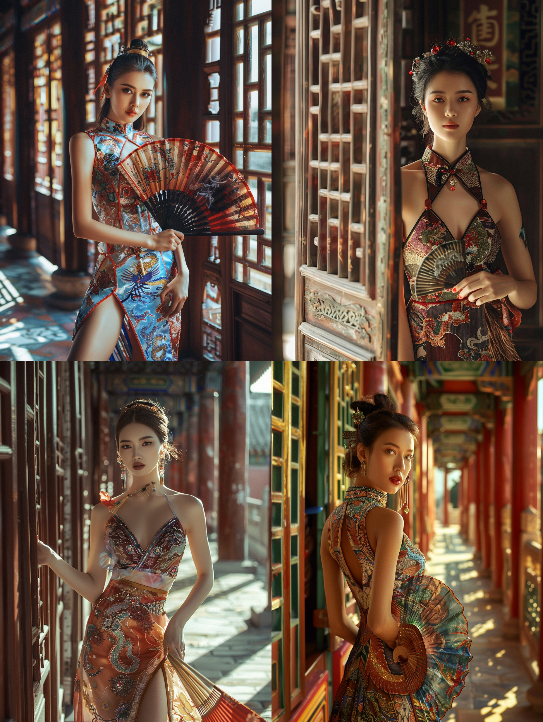 . she has a confident expression and is holding a traditional chinese fan. the composition is centered, with the woman's figure standing out against the intricate architectural details of the building. the lighting is soft and diffused, casting a warm glow on her face. the overall style is elegant and glamorous. 拍摄人像照片，一名女子站在一座中国建筑中，身穿一件露肩旗袍，旗袍是一种色彩斑斓的深v设计，镶嵌着各种宝石，并有高开叉裙。她表情自信，手持传统的中国扇子。构图居中，女子的形象凸显在建筑的精细细节之间。光线柔和而散射，给她的脸部带来温暖的光芒。整体风格优雅而迷人。旗袍，自信，中国建筑，传统扇子，光线柔和，颜色斑斓，高开叉裙，璀璨。