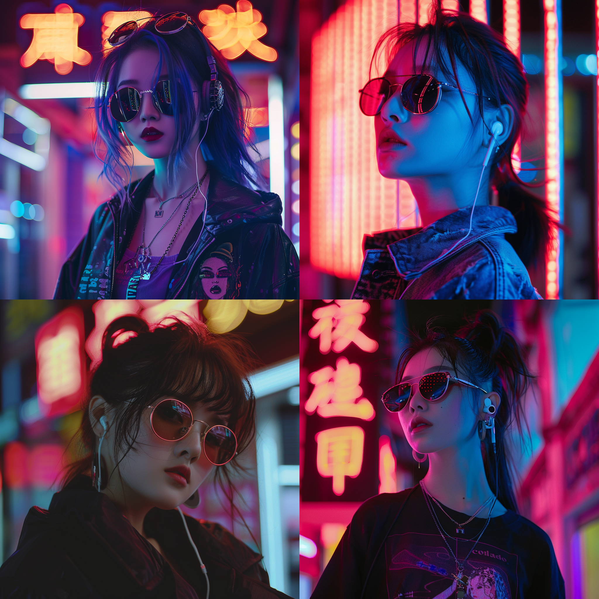 中国女孩穿着giordano服装，ray-ban太阳镜和蓝牙耳机，呈现赛博朋克写实风格。使用eos r5和rf85mm f1.2 l usm，fuji pro 160ns胶片拍摄，典型赛博朋克背景，真实扭曲影像，捕捉名人的生活瞬间，透明色彩，超自然肤色，全局照明效果，非常自然的特征，关注细节，超现实主义方式。