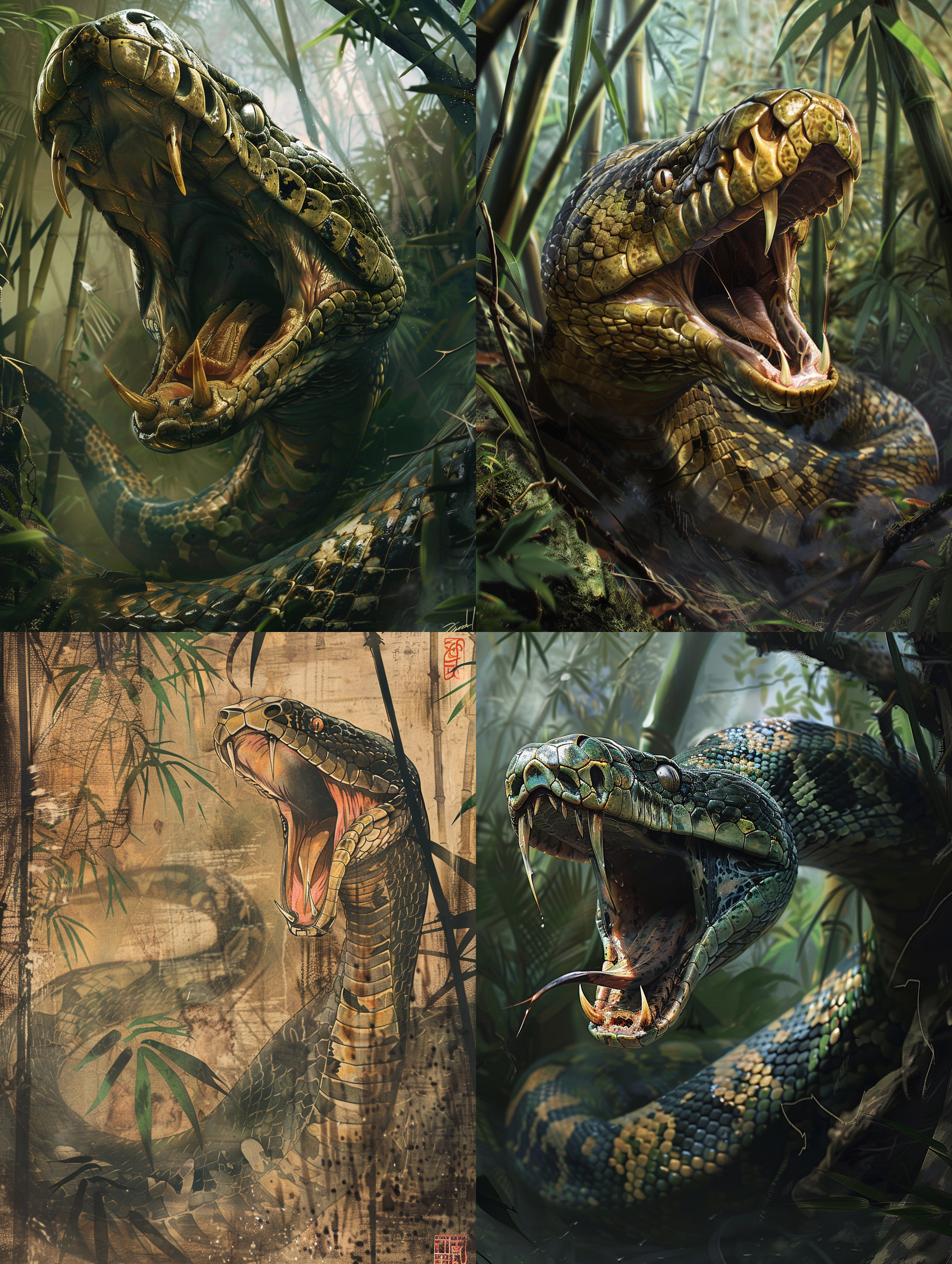 凶猛的蛇张开大嘴巴向前扑过来，巨大蟒蛇露出锋利的牙齿，竹林，高清晰，高细节