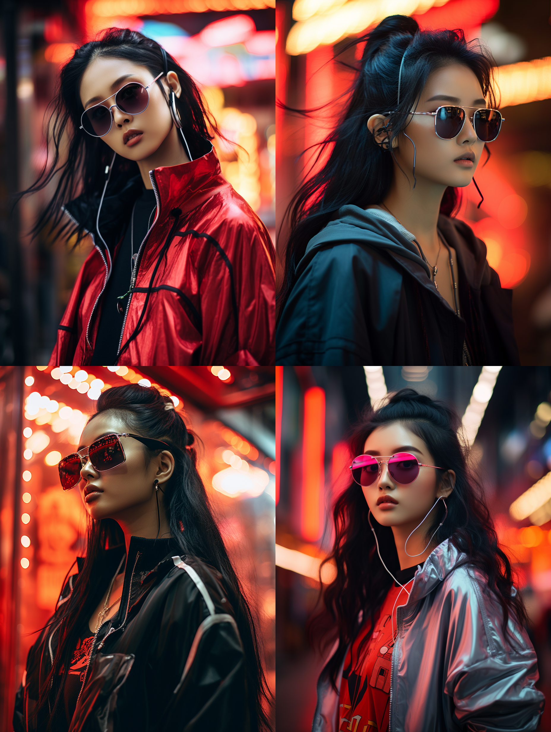 中国女孩在giordano服饰、ray ban太阳镜和蓝牙耳机的搭配下，以赛博朋克写实风格呈现。使用eos r5和rf85mm f1.2 l usm拍摄，采用富士胶片pro160ns，具有典型的赛博朋克背景，真实的变形画风，拍摄名人的随性瞬间，色彩透明，超自然的皮肤，全局照明效果，非常自然的特征，超现实主义，注重细节