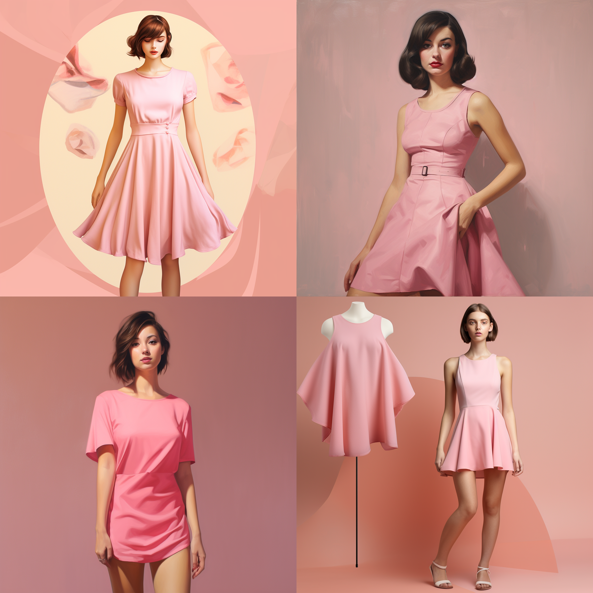 描述一件衣服没有人物，女生咯肩膀夏天，背景粉色，短袖马裙，圆领