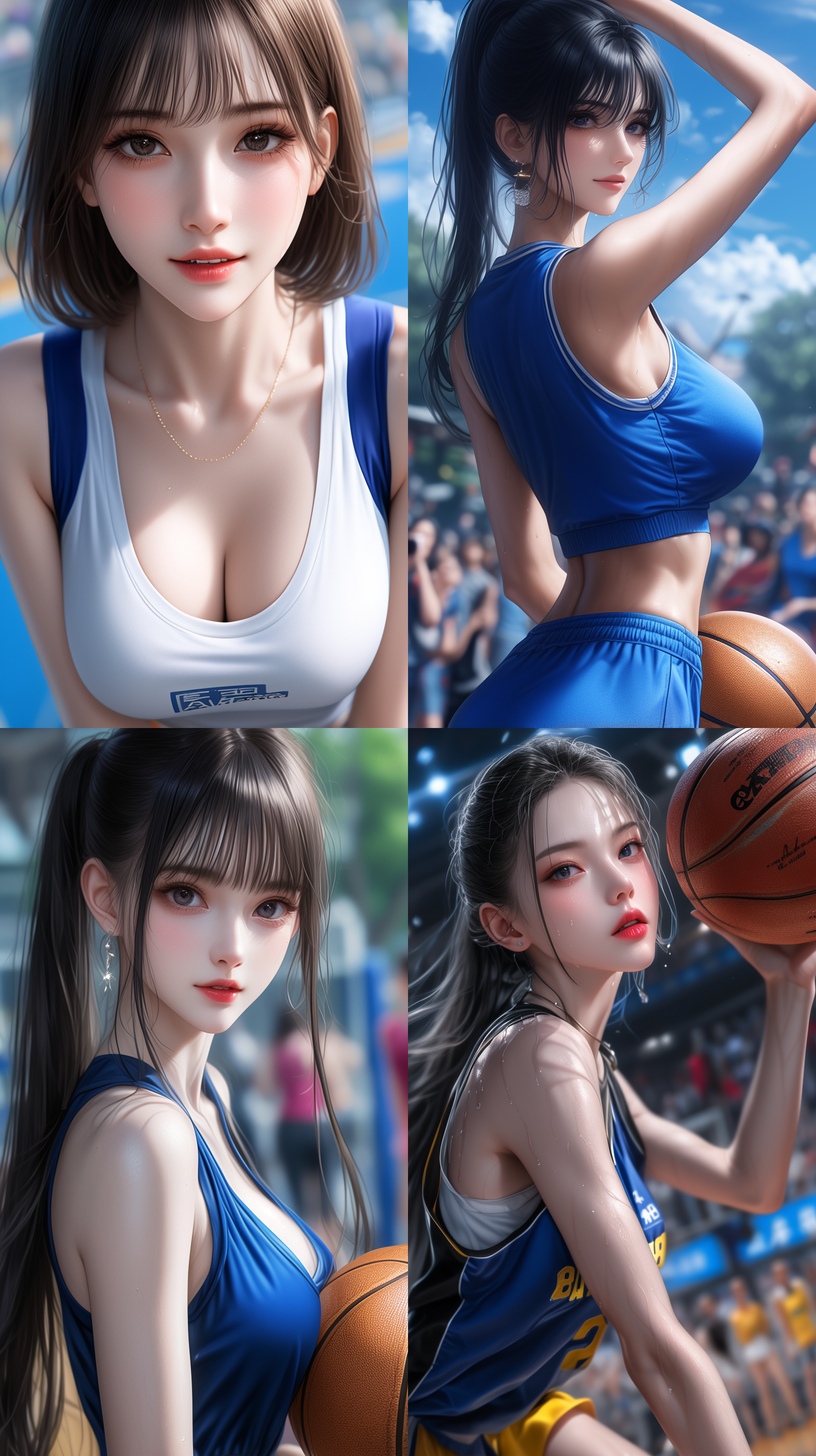 漂亮女孩 头身比例1：9，身材比例0.618：1，自然表情，姿势变换，站立，蹲，跪，坐，弯腰 全身照 广角镜头 全景 穿着鲜艳的运动背心 裙子 在中国篮球场上 打着篮球 自信微笑 眼神坚定 展示面容 细节丰富 色调明亮 动态角度 动态视角 超清渲染 超高清画质 4k视频 明亮的 oc渲染器 照片写实 运动风 裙子 塑料 瓷