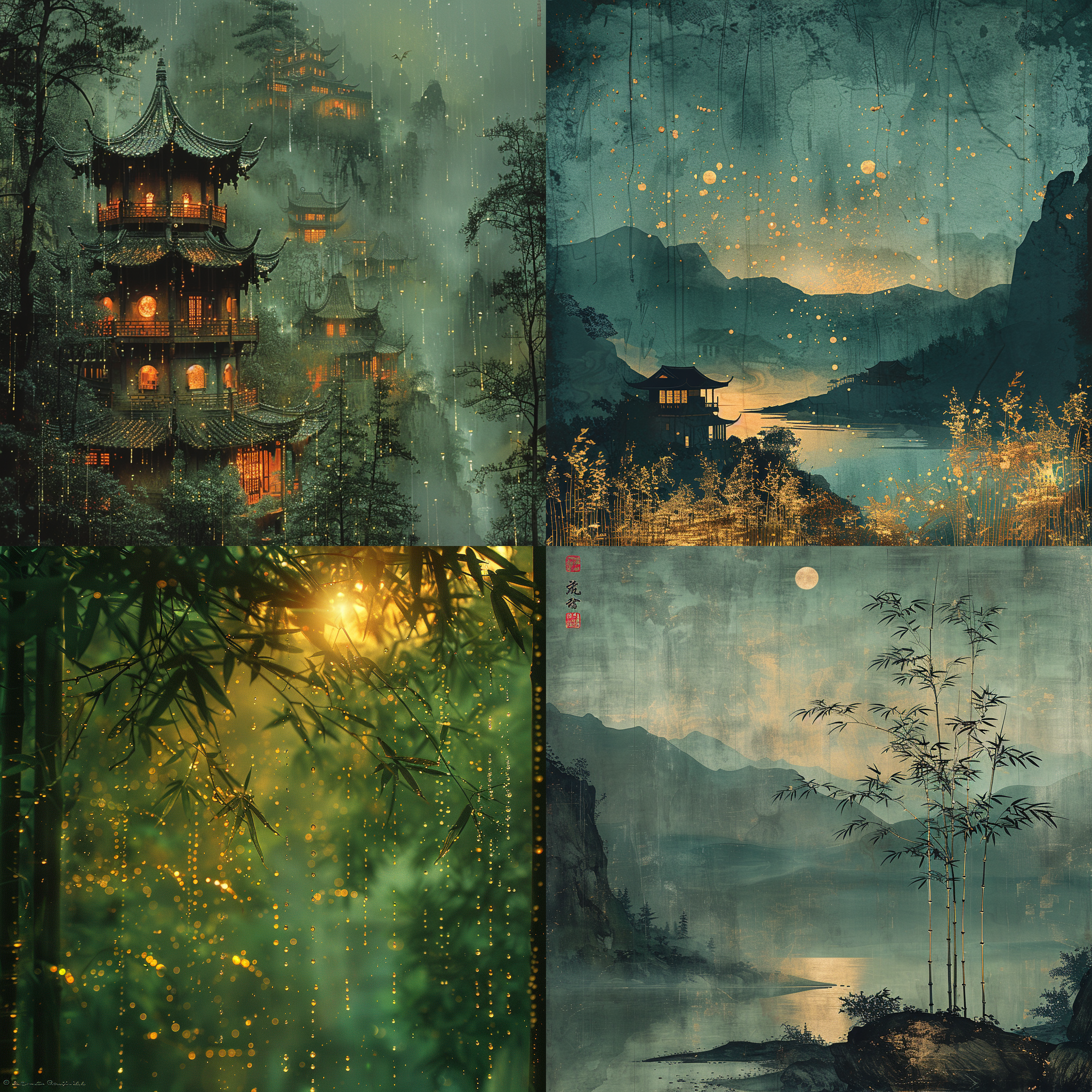 竹子，水滴，宅子，中国审美，墨绿色底子，渐变色，深浅转换，金色流光粒子，抽象风格，静态构图，细节丰富，微距镜头，暗调，神秘感，齐白石，吴冠中，吴道子，王维的山水画。