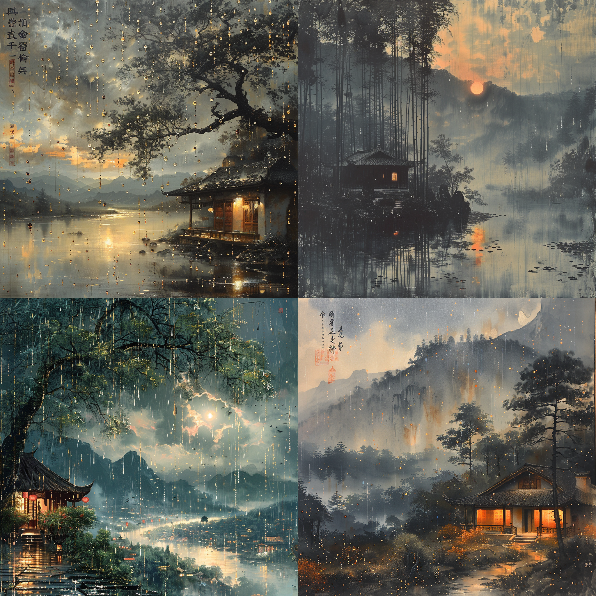 古代，竹子，宅子，雨滴，草鞋，蓑衣，中国审美，黑白色底子，渐变色，深浅转换，金色流光粒子，抽象风格，静态构图，细节丰富，微距镜头，暗调，神秘感，齐白石，吴冠中，吴道子，王维的山水画。陈家泠、刘野和吴冠中的山水画。画面以对角线布局为主，展现了干净的线条和蒙德里安风格。使用钢笔勾线笔触，呈现中国意境画的意境。俯视画面，突出中国山水画的特点。色调采用多巴胺色系，创造出宁静、舒适的氛围。