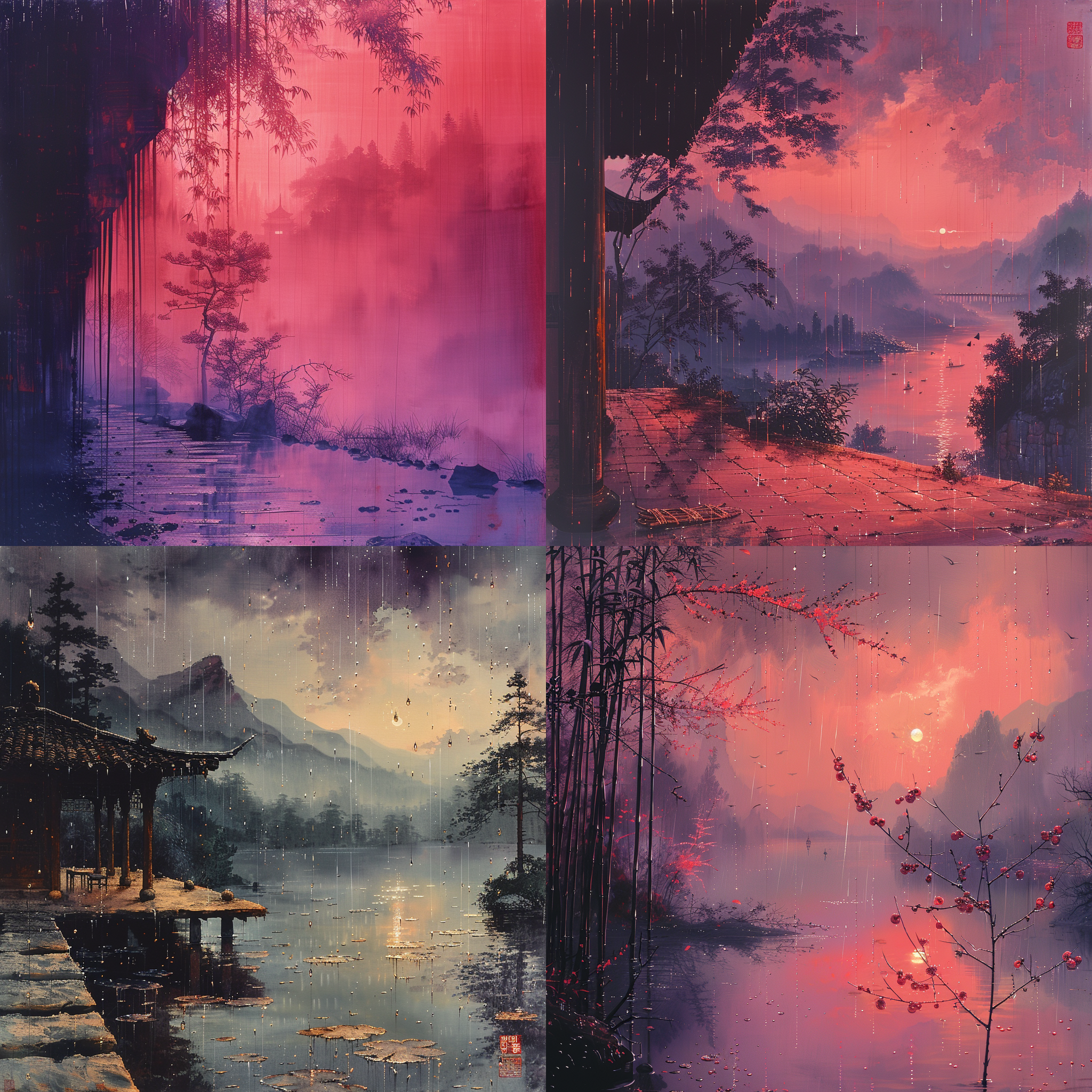 古代，竹子，宅子，雨滴，草鞋，蓑衣，中国审美，紫红白色底子，渐变色，深浅转换，金色流光粒子，抽象风格，静态构图，细节丰富，微距镜头，暗调，神秘感，齐白石，吴冠中，吴道子，王维的山水画。陈家泠、刘野和吴冠中的山水画。画面以对角线布局为主，展现了干净的线条和蒙德里安风格。使用钢笔勾线笔触，呈现中国意境画的意境。俯视画面，突出中国山水画的特点。色调采用多巴胺色系，创造出宁静、舒适的氛围。