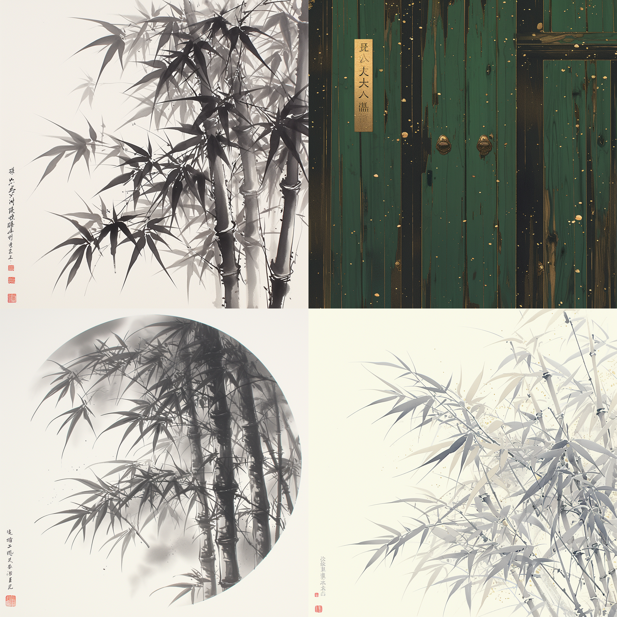 竹子，水滴，宅子，中国审美，墨绿色底子，渐变色，深浅转换，金色流光粒子，抽象风格，静态构图，细节丰富，微距镜头，暗调，神秘感，齐白石，吴冠中，吴道子，王维的山水画。陈家泠、刘野和吴冠中的山水画。画面以对角线布局为主，展现了干净的线条和蒙德里安风格。使用钢笔勾线笔触，呈现中国意境画的意境。俯视画面，突出中国山水画的特点。色调采用多巴胺色系，创造出宁静、舒适的氛围。