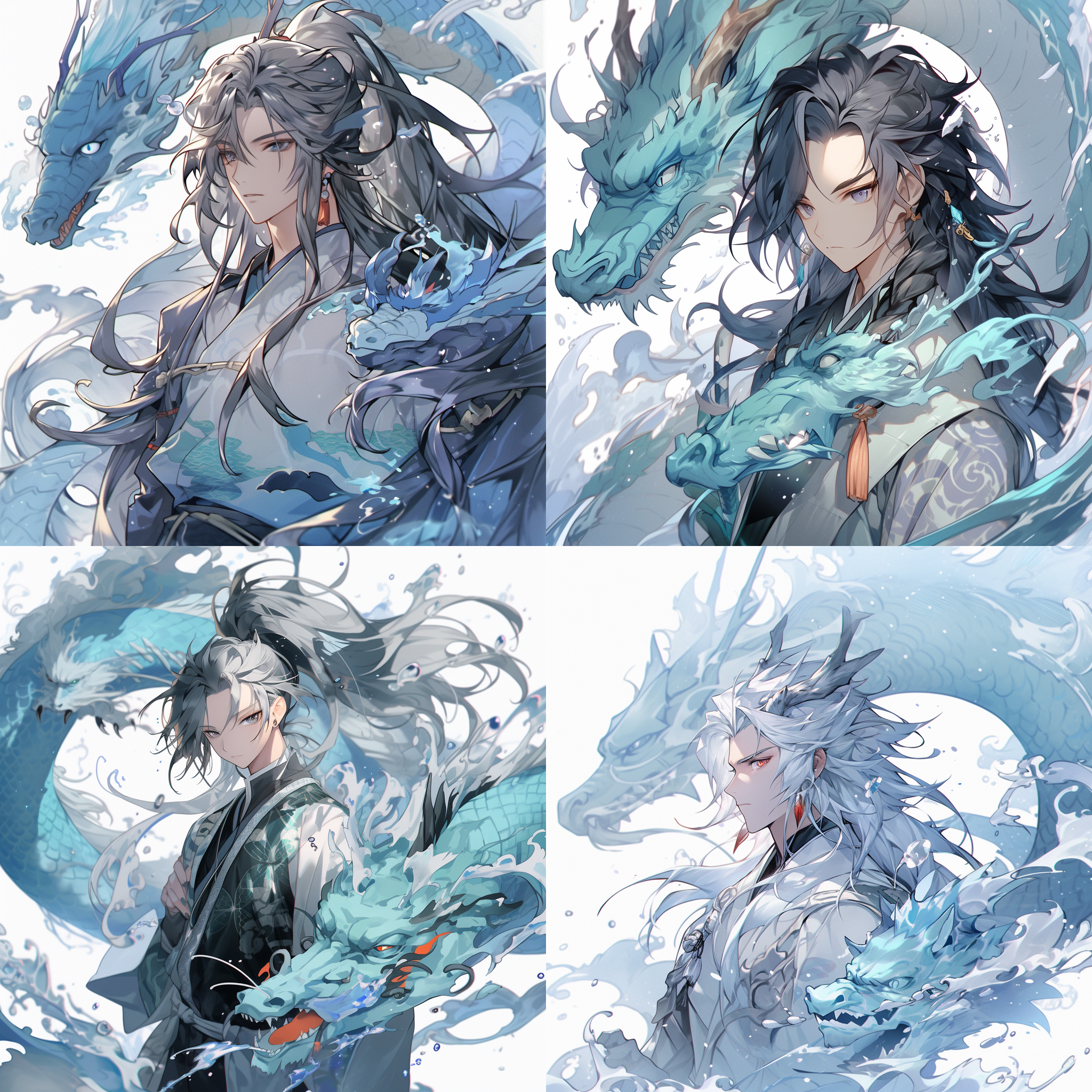 onmyoji portrait, amazing water art, dragon! man, wavy beautiful hair, webtoon, yaoi, white bg, 2 0 1 9 anime, body of water, aliased, waist long hair, defence, tavern background, tcg, fisherman