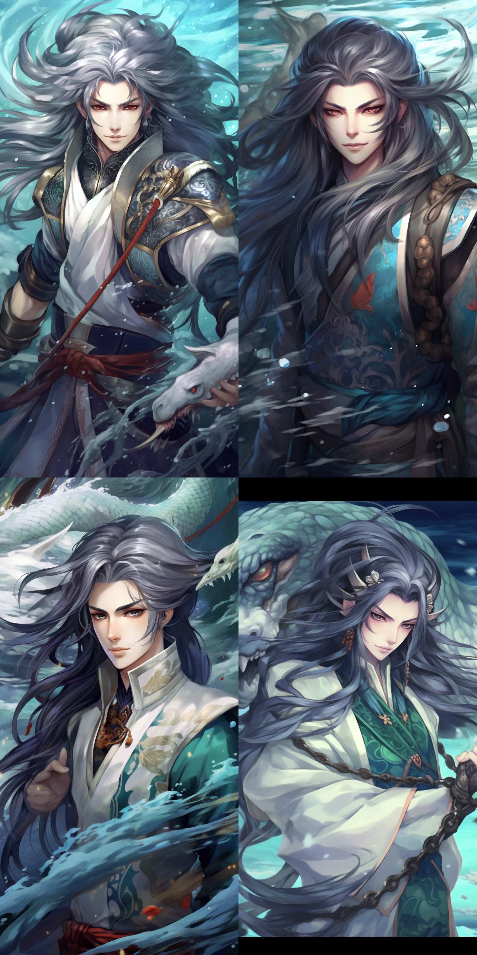 onmyoji portrait, amazing water art, dragon! man, wavy beautiful hair, webtoon, yaoi, white bg, 2 0 1 9 anime, body of water, aliased, waist long hair, defence, tavern background, tcg, fisherman
