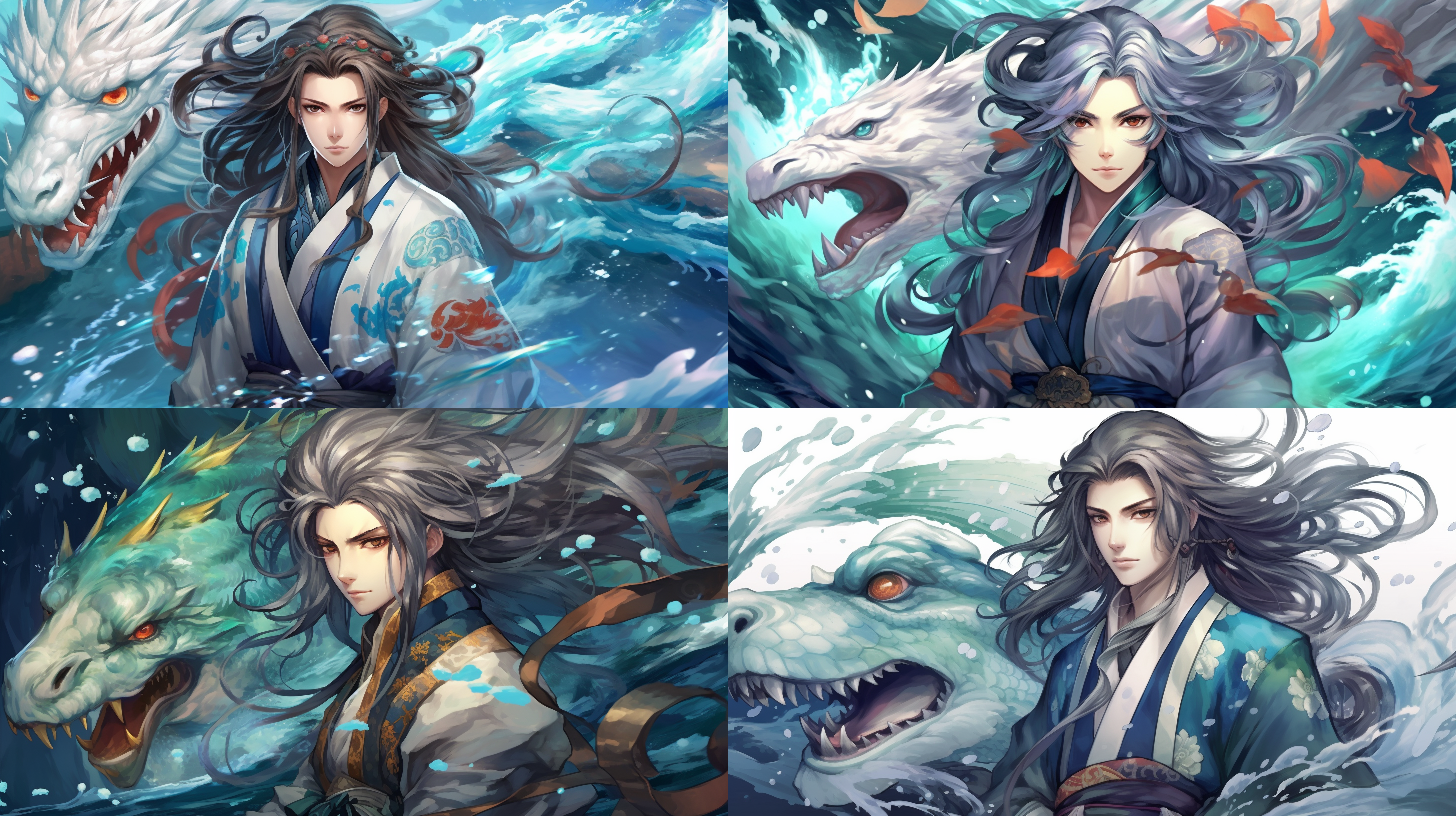 onmyoji portrait, amazing water art, dragon! man, wavy beautiful hair, webtoon, yaoi, white bg, 2 0 1 9 anime, body of water, aliased, waist long hair, defence, tavern background, tcg, fisherman