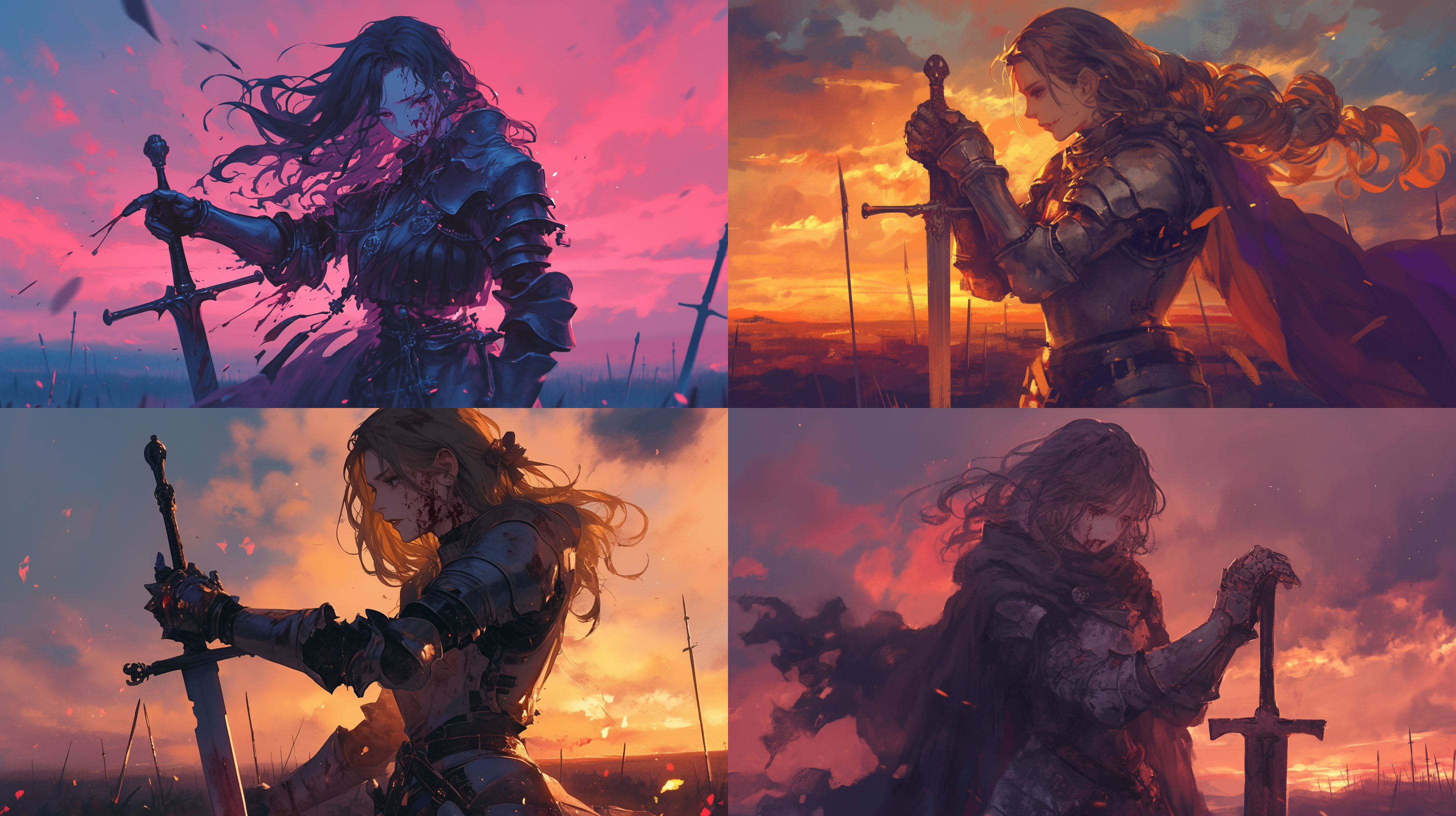 断臂的女骑士，脸上伤痕累累，黄昏，战场背景