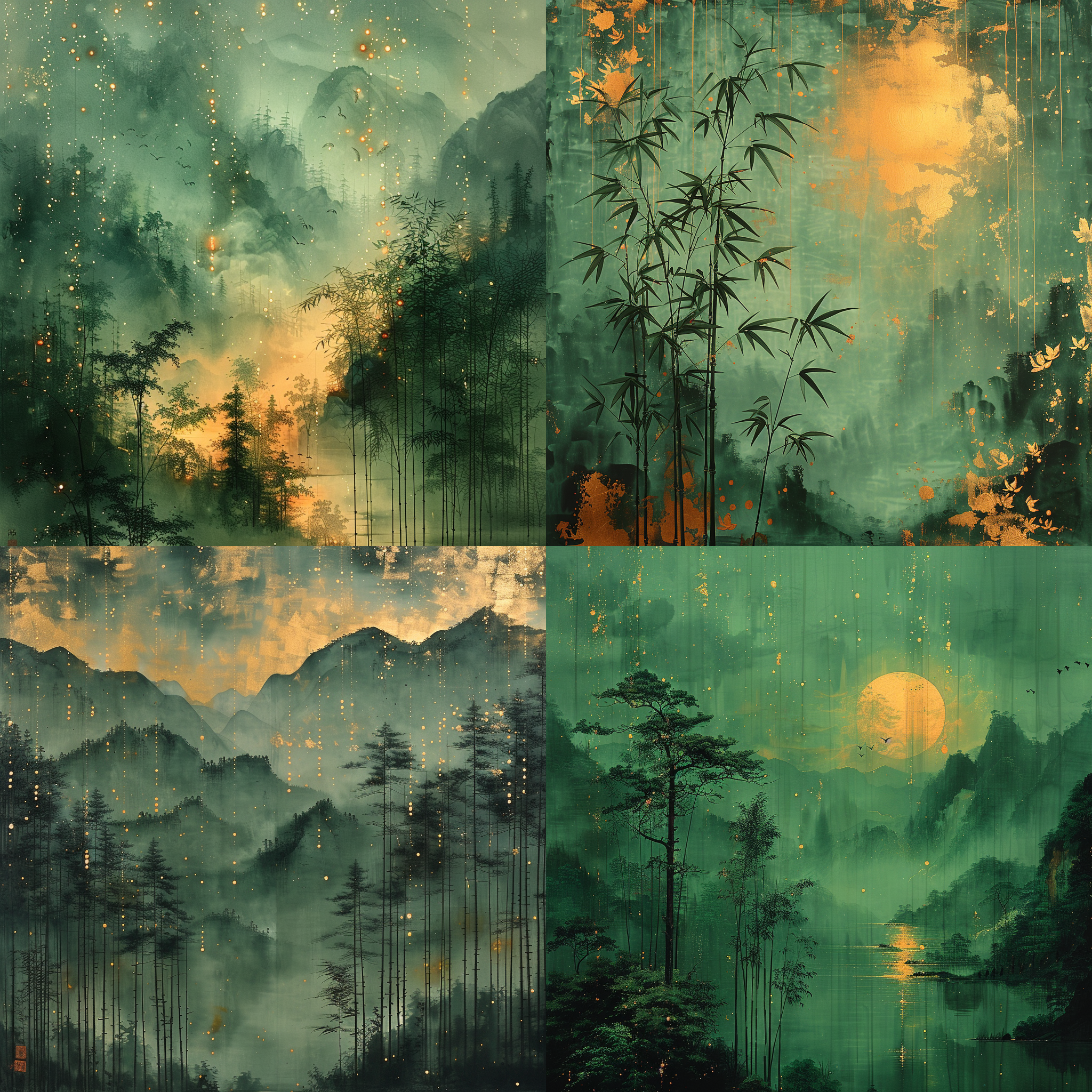 竹子，宅子，中国审美，墨绿色底子，渐变色，深浅转换，金色流光粒子，抽象风格，静态构图，细节丰富，微距镜头，暗调，神秘感，齐白石，吴冠中，吴道子，王维的山水画。陈家泠、刘野和吴冠中的山水画。画面以对角线布局为主，展现了干净的线条和蒙德里安风格。使用钢笔勾线笔触，呈现中国意境画的意境。俯视画面，突出中国山水画的特点。色调采用多巴胺色系，创造出宁静、舒适的氛围。