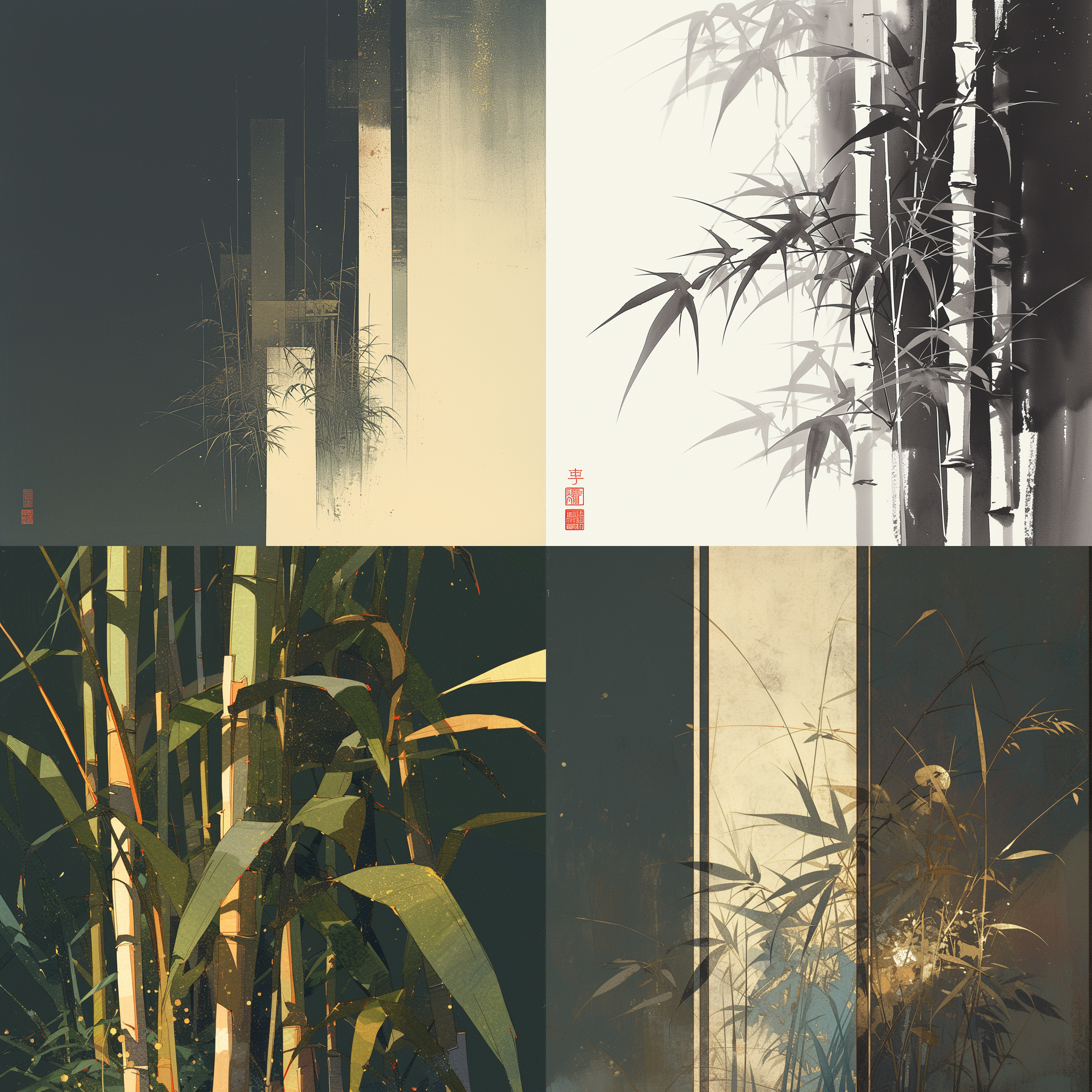 竹子，宅子，中国审美，墨绿色底子，渐变色，深浅转换，金色流光粒子，抽象风格，静态构图，细节丰富，微距镜头，暗调，神秘感，齐白石，吴冠中，吴道子，王维的山水画。陈家泠、刘野和吴冠中的山水画。画面以对角线布局为主，展现了干净的线条和蒙德里安风格。使用钢笔勾线笔触，呈现中国意境画的意境。俯视画面，突出中国山水画的特点。色调采用多巴胺色系，创造出宁静、舒适的氛围。