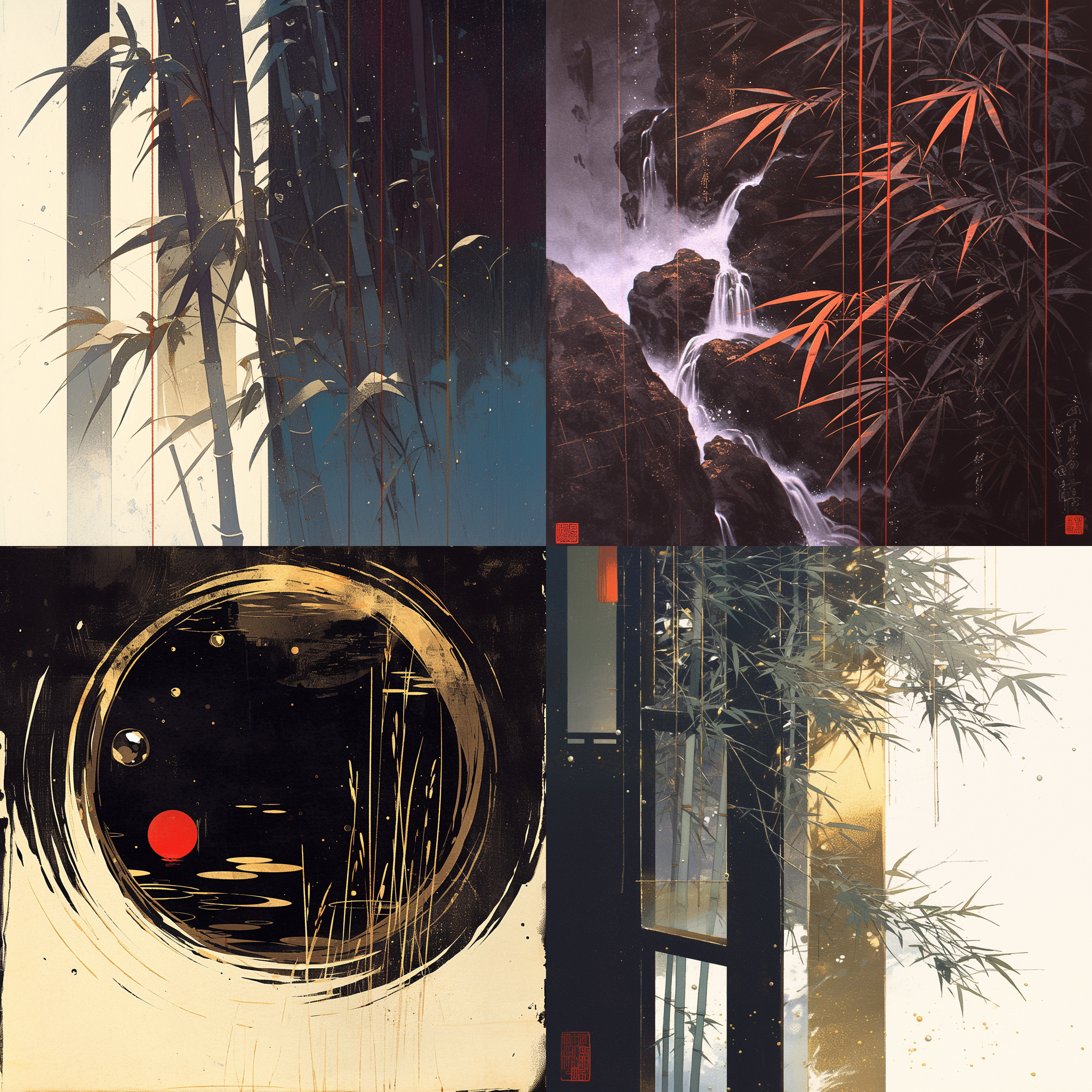 古代，竹子，宅子，雨滴，蓑衣，中国审美，黑红白紫色底子，渐变色，深浅转换，金色流光粒子，抽魔幻现实主义风格，静态构图，细节丰富，微距镜头，暗调，神秘感，齐白石，吴冠中，吴道子，王维的山水画。陈家泠、刘野和吴冠中的山水画。画面以对角线布局为主，展现了干净的线条和蒙德里安风格。使用钢笔勾线笔触，呈现中国意境画的意境。俯视画面，突出中国山水画的特点。色调采用多巴胺色系，创造出宁静、舒适的氛围。