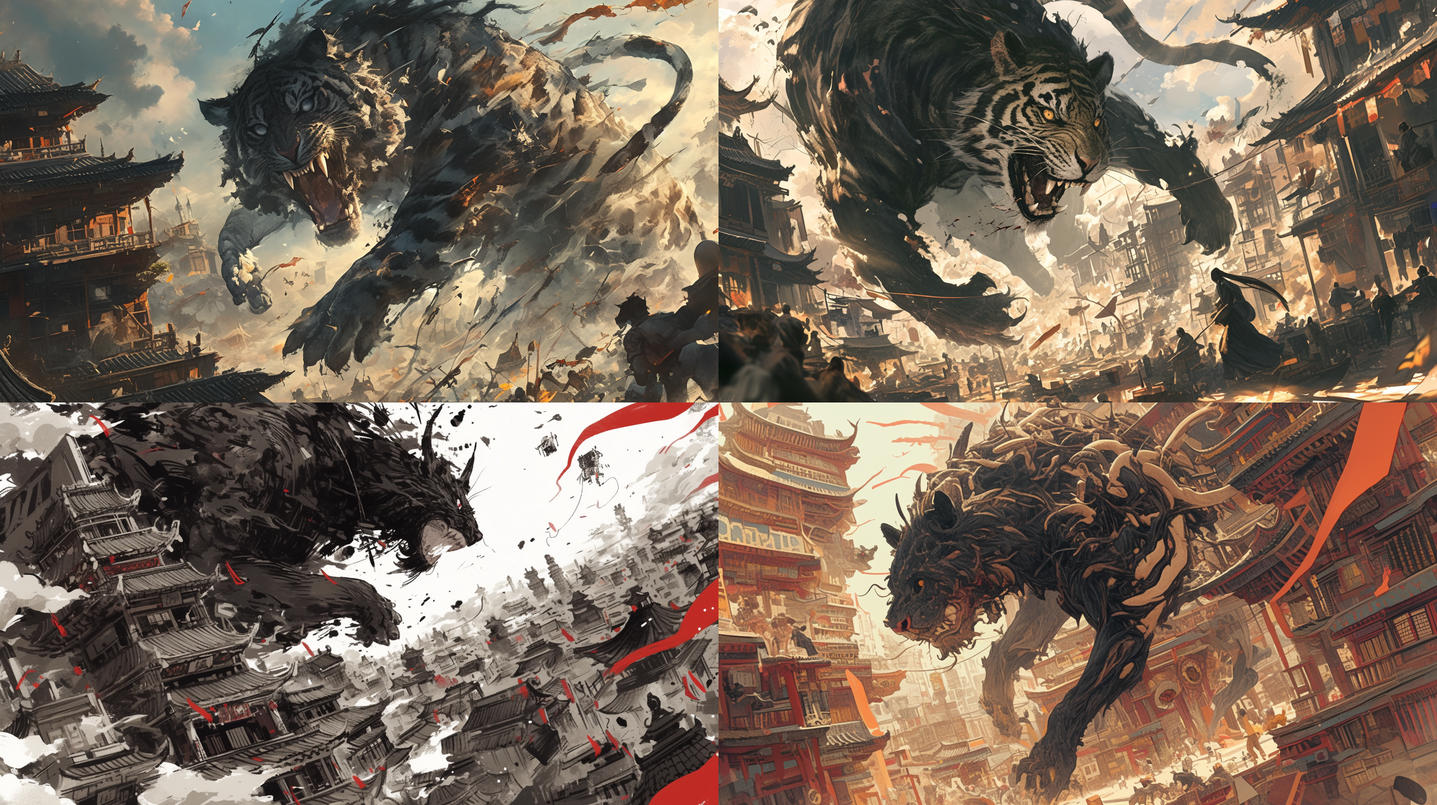 一只巨大的黑虎，全身都是伤，部分骨头露出，在城市中破坏，到处都是残破的建筑，很多逃跑的人，末日景象，细节，中国水墨画，全景视角，高清渲染