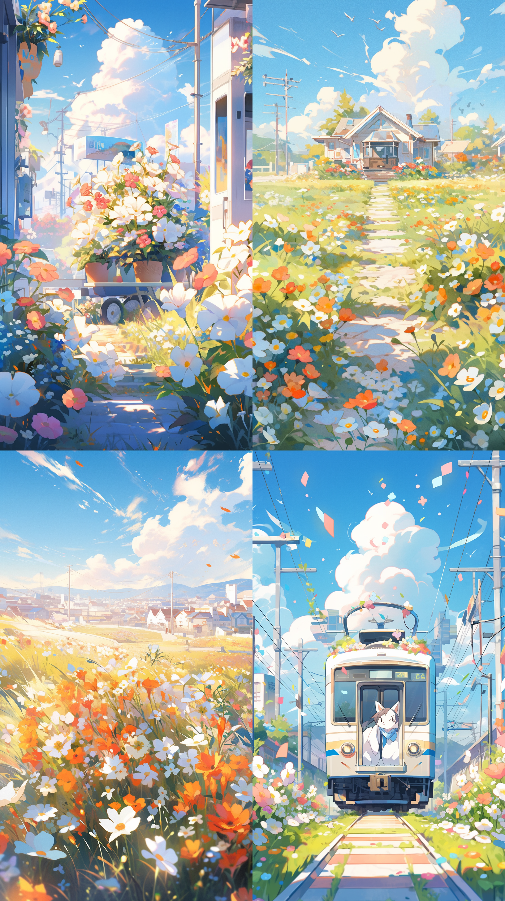 hayao miyazaki，colorful anime movie background, glass cover, ghailan!, covered with flowers, inspired by kōno michisei, clear sunny day, trains in the background, pastel overflow, icon for an ai app, screenshot from a 2012s anime, clockface, inspired by dong qichang, sussy baka, panasonic