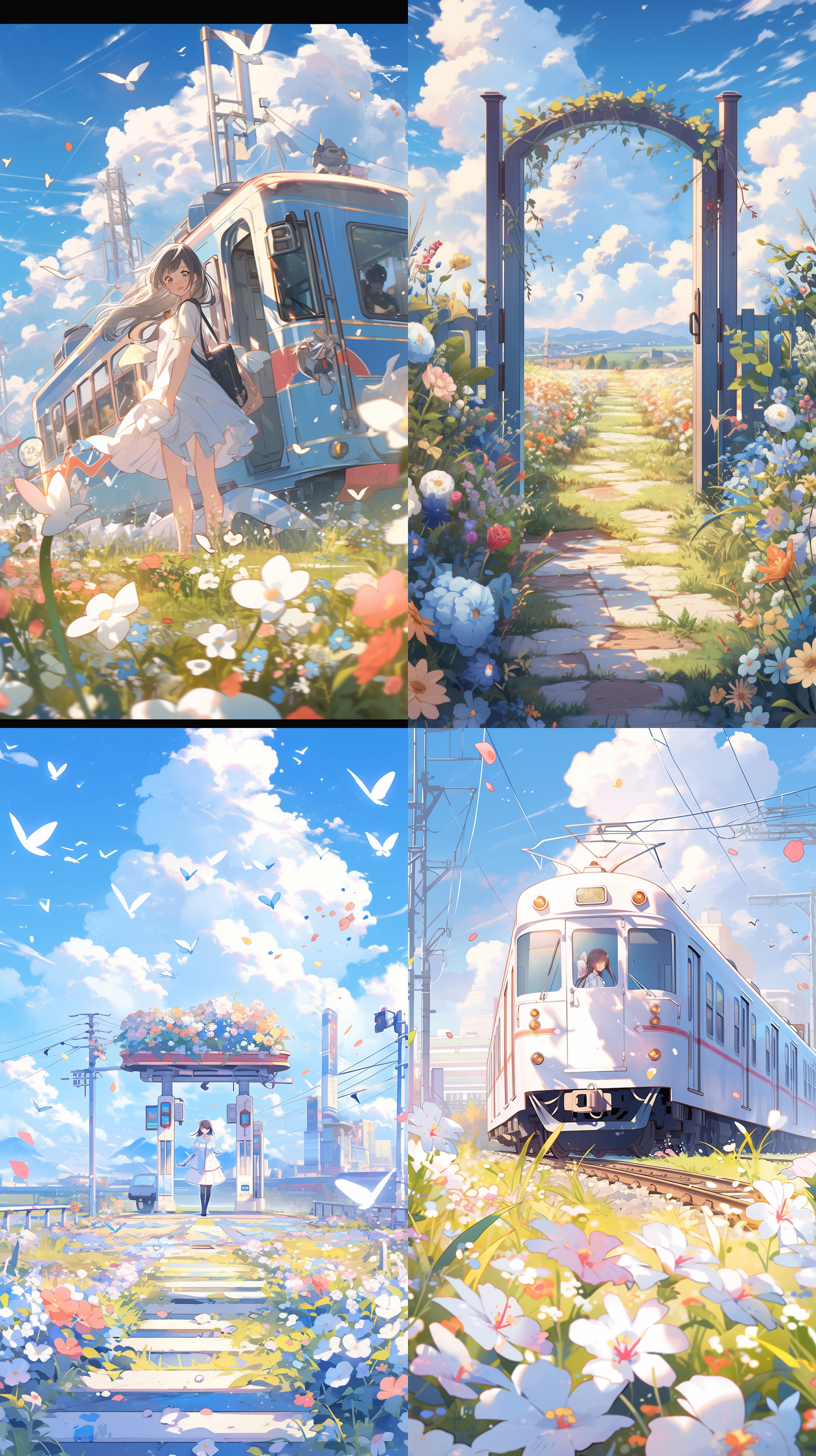 hayao miyazaki，colorful anime movie background, glass cover, ghailan!, covered with flowers, inspired by kōno michisei, clear sunny day, trains in the background, pastel overflow, icon for an ai app, screenshot from a 2012s anime, clockface, inspired by dong qichang, sussy baka, panasonic