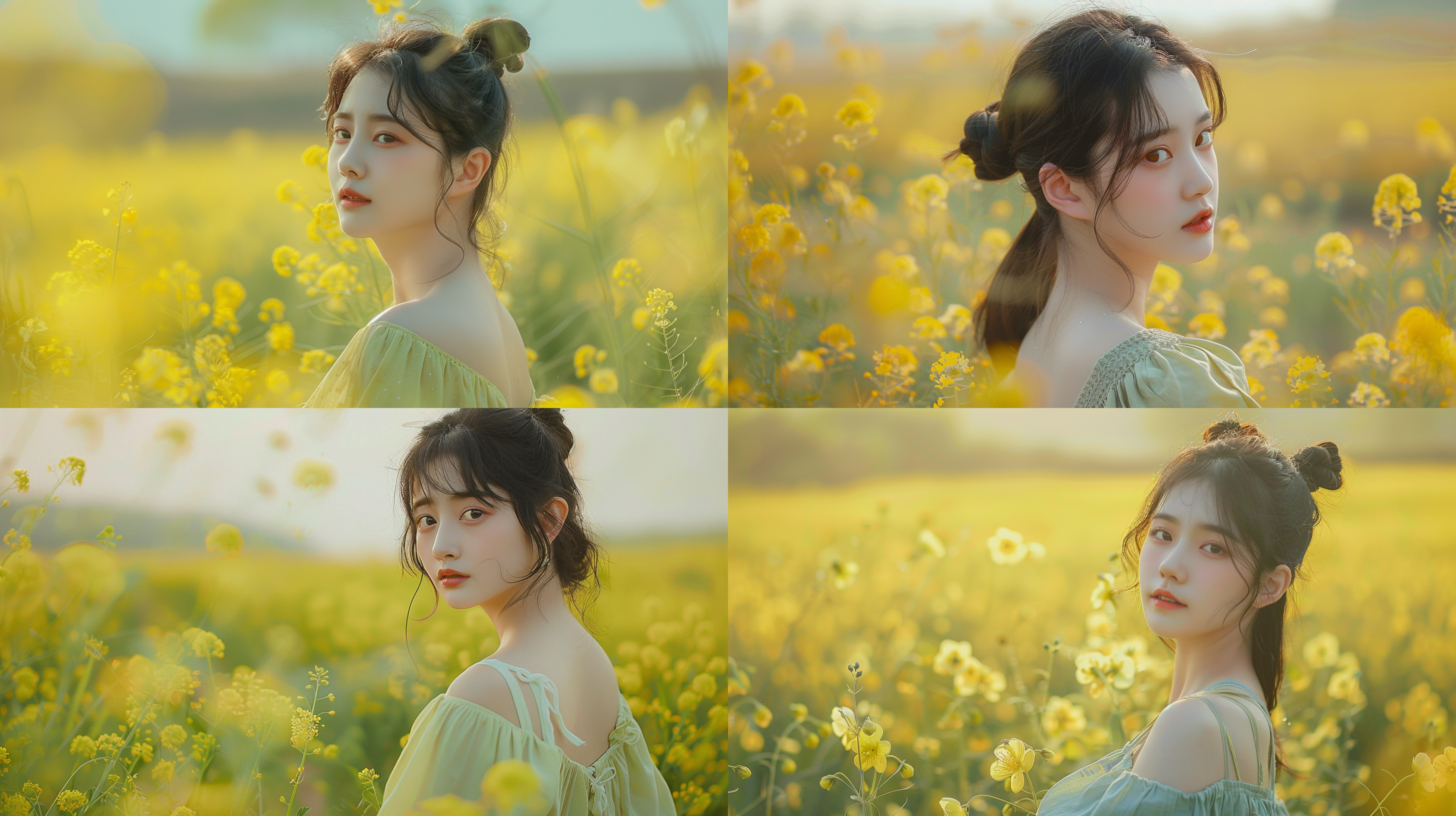 8k超清晰画质，手机壁纸，小清新风格，一位中国26岁气质女生，穿淡绿色吊带纺纱裙，留白构图，油菜花田园背景，画质干净，温馨，富士高端镜头，胶片感觉 半身 侧身 长焦拍摄 俯视 虚化 远景透视 特写 太阳光 自然照明 黄昏 环境光 极简主义 少女风 可爱风 傻笑 开心 丸子头